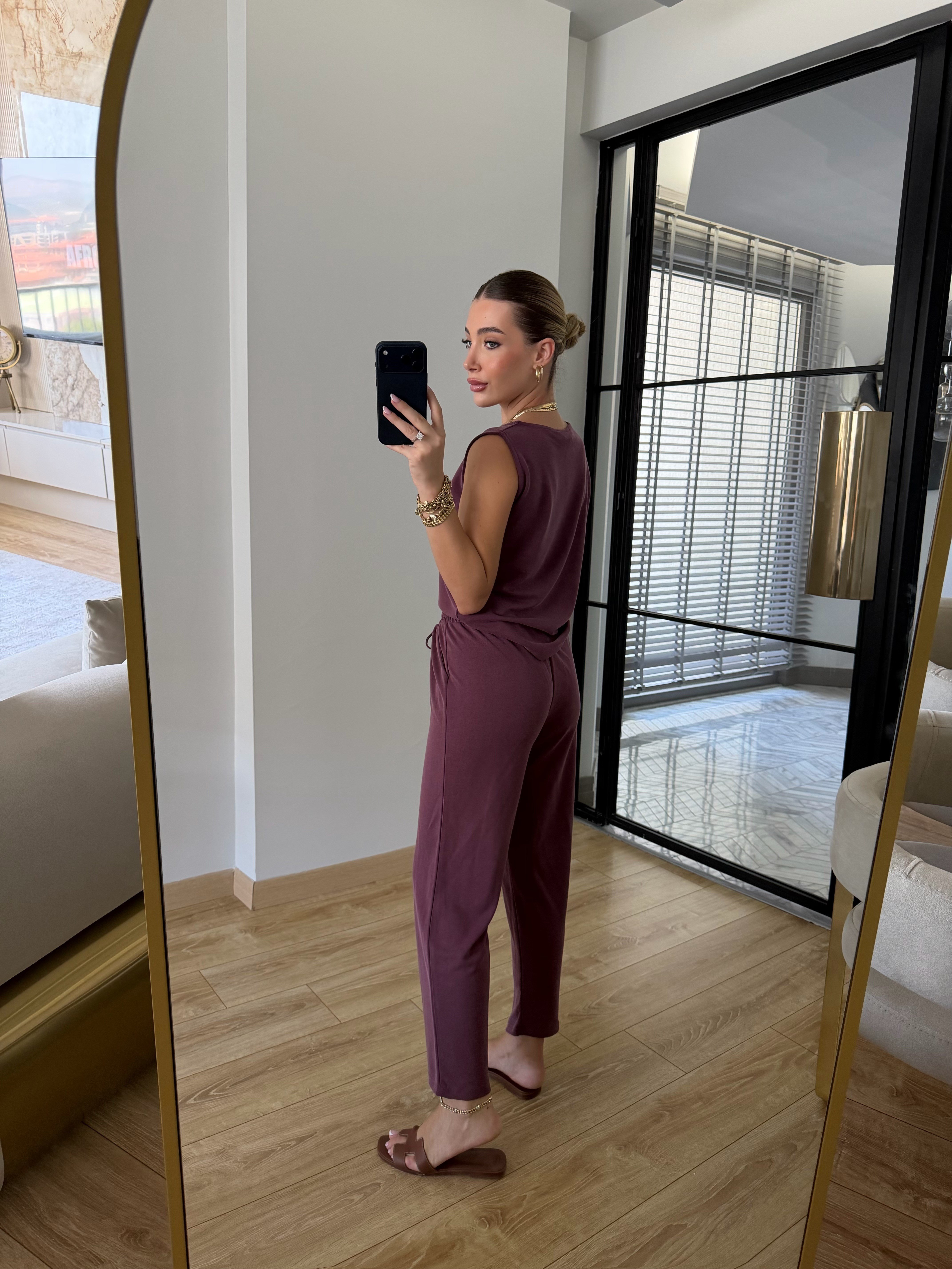 Bordo Sıfır Kol Modal Kumaşlı Bluz Pantolon İkili Takım - 7272