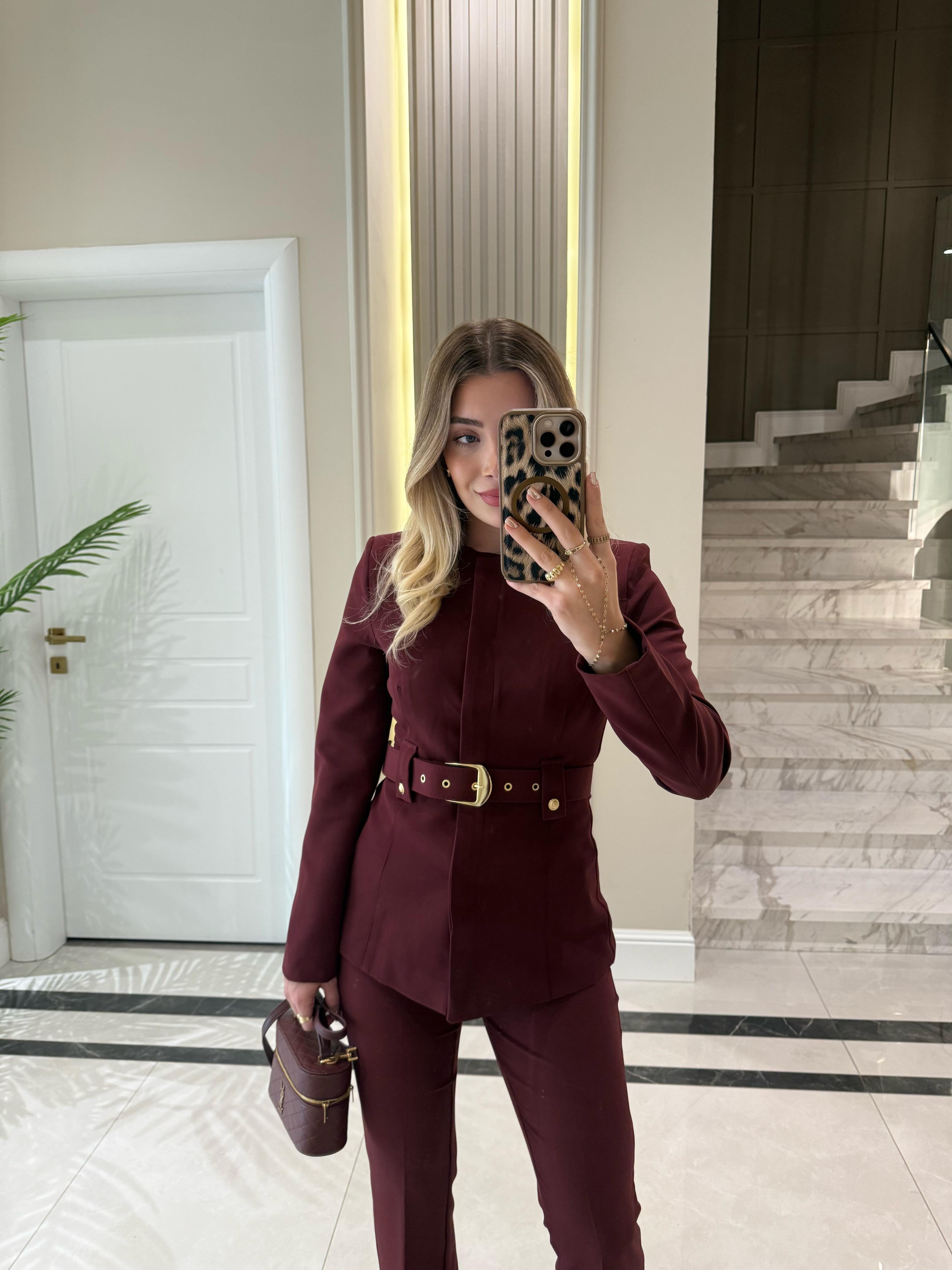 Bordo Sıfır Yakalı Kemerli Ceket Pantolon İkili Takım