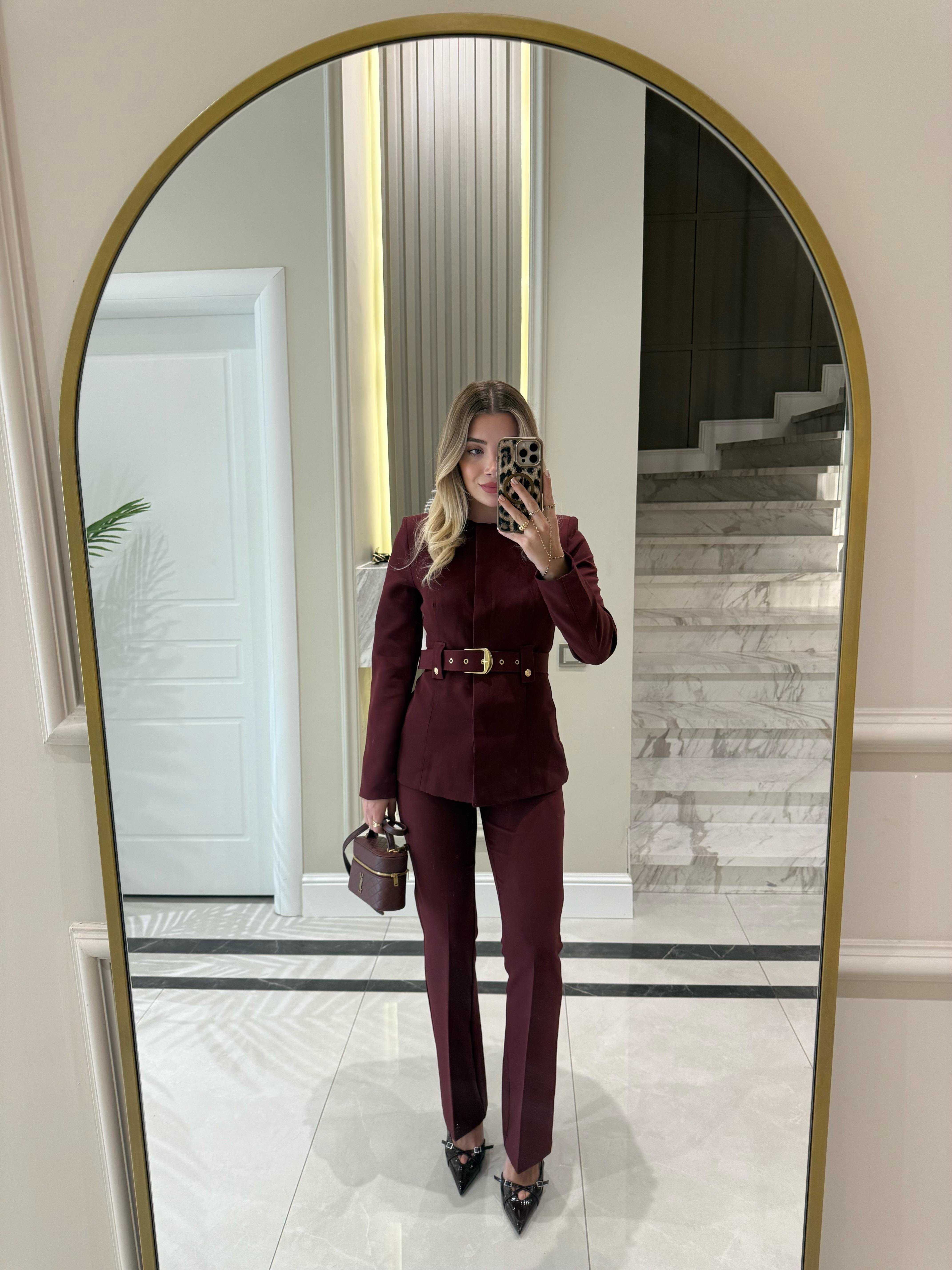 Bordo Sıfır Yakalı Kemerli Ceket Pantolon İkili Takım
