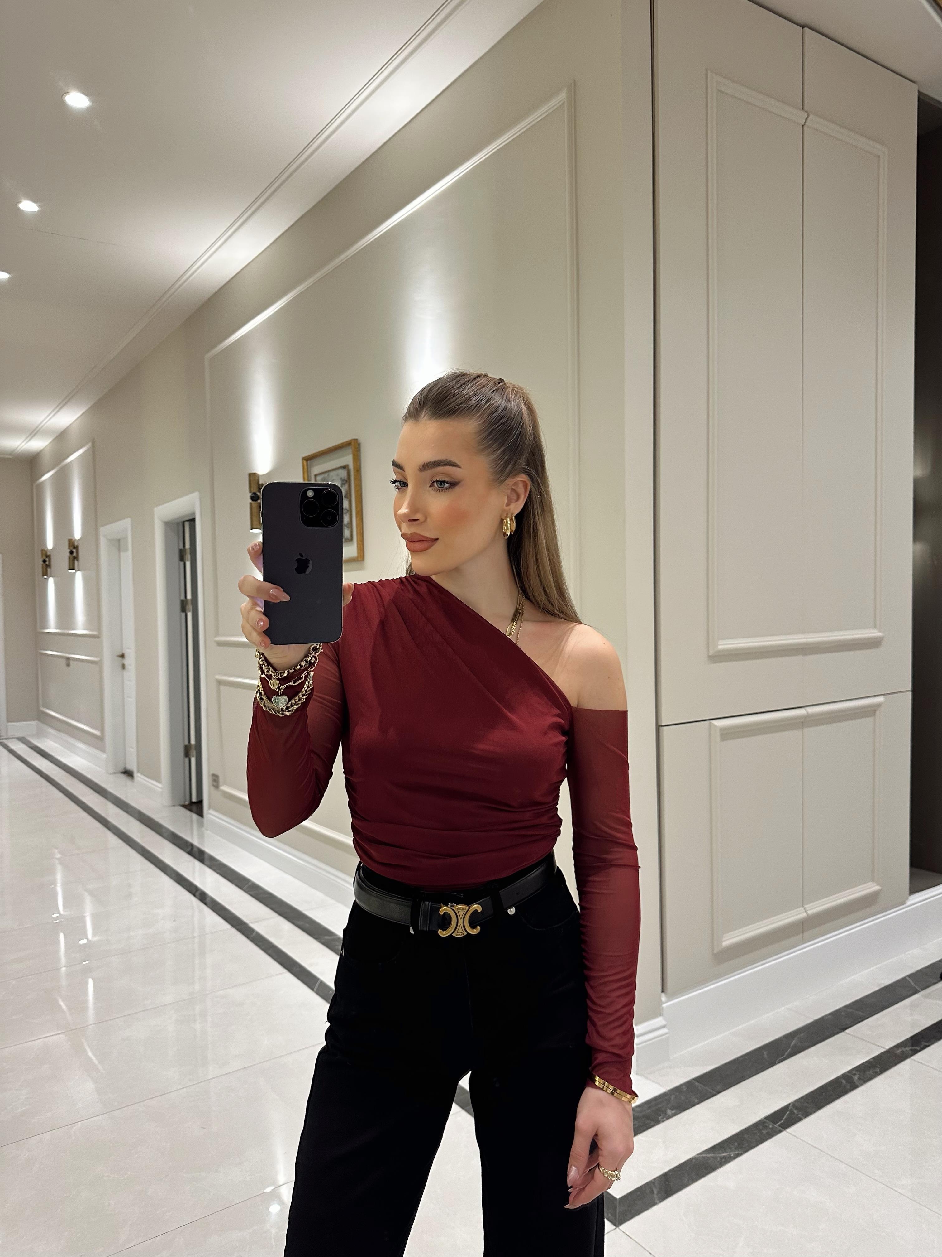 Bordo Tek Omuz Tül Bluz