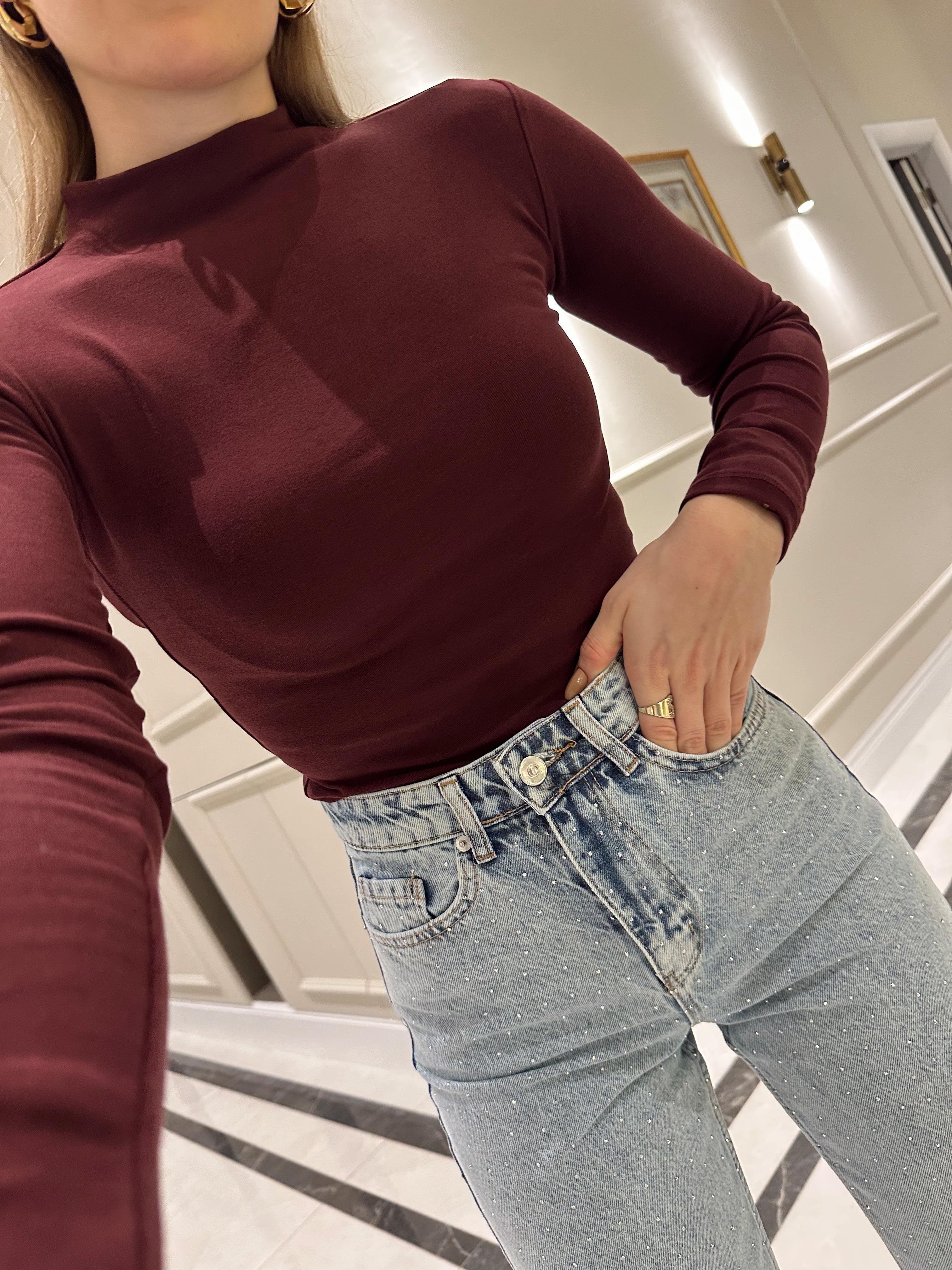 Bordo Yarım Balıkçı Yaka Top 