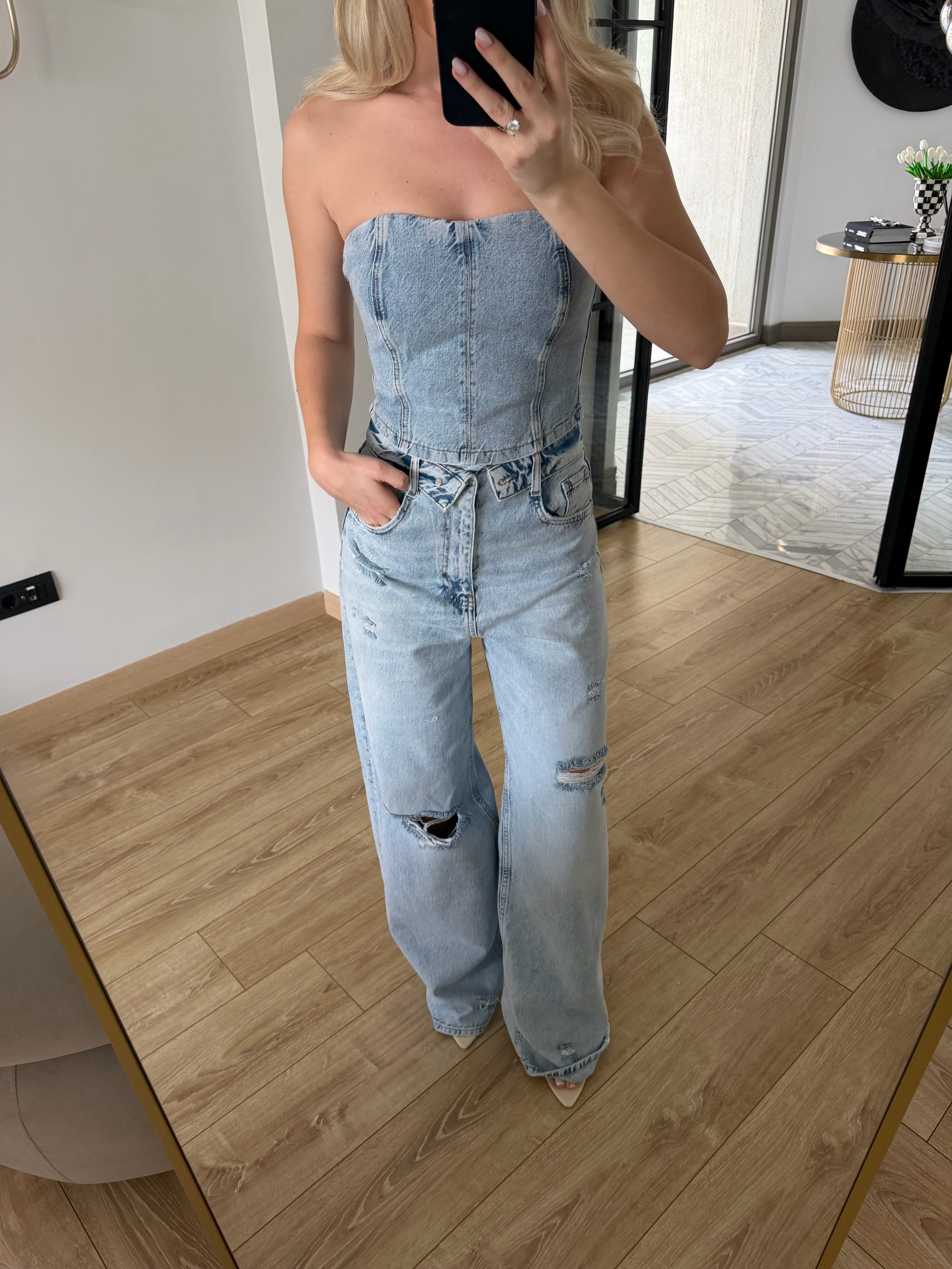 Buz Mavi Büstiyer-Pantolon İkili Denim Takım