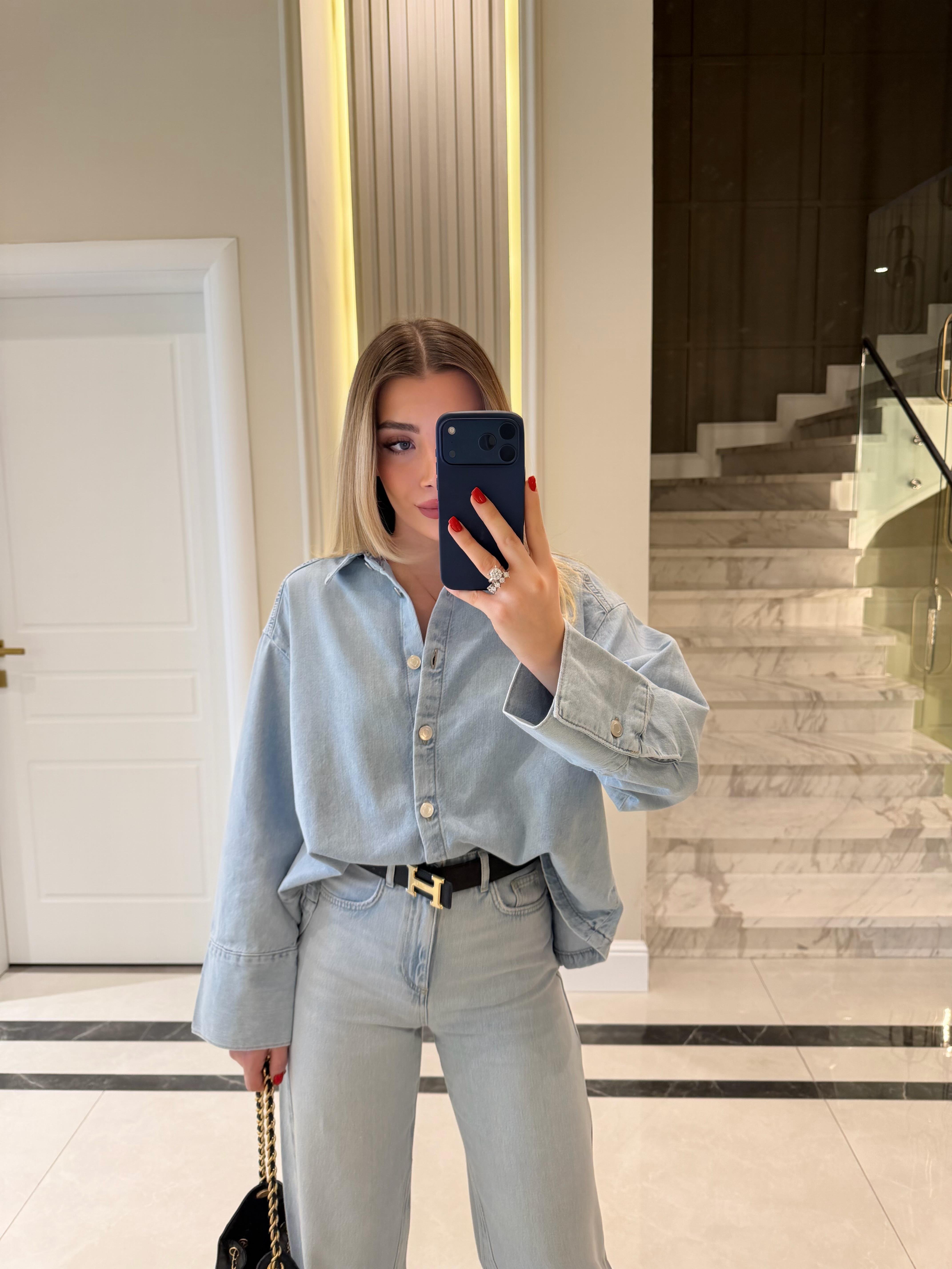 Buz Mavi Polo Yaka Oversize Deniz Gömlek