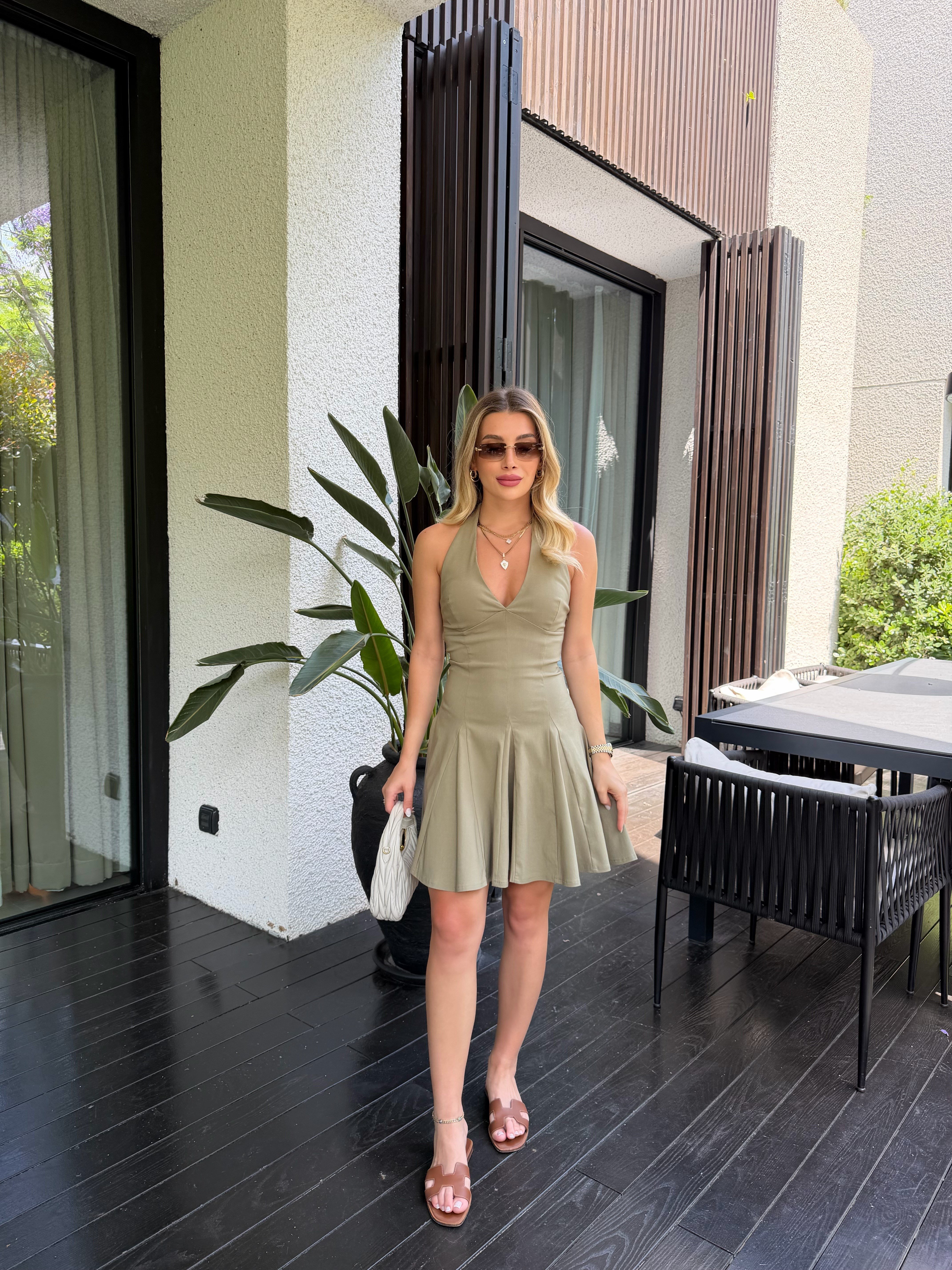 Çağla Yeşili Halter Yaka Mini Elbise-91633
