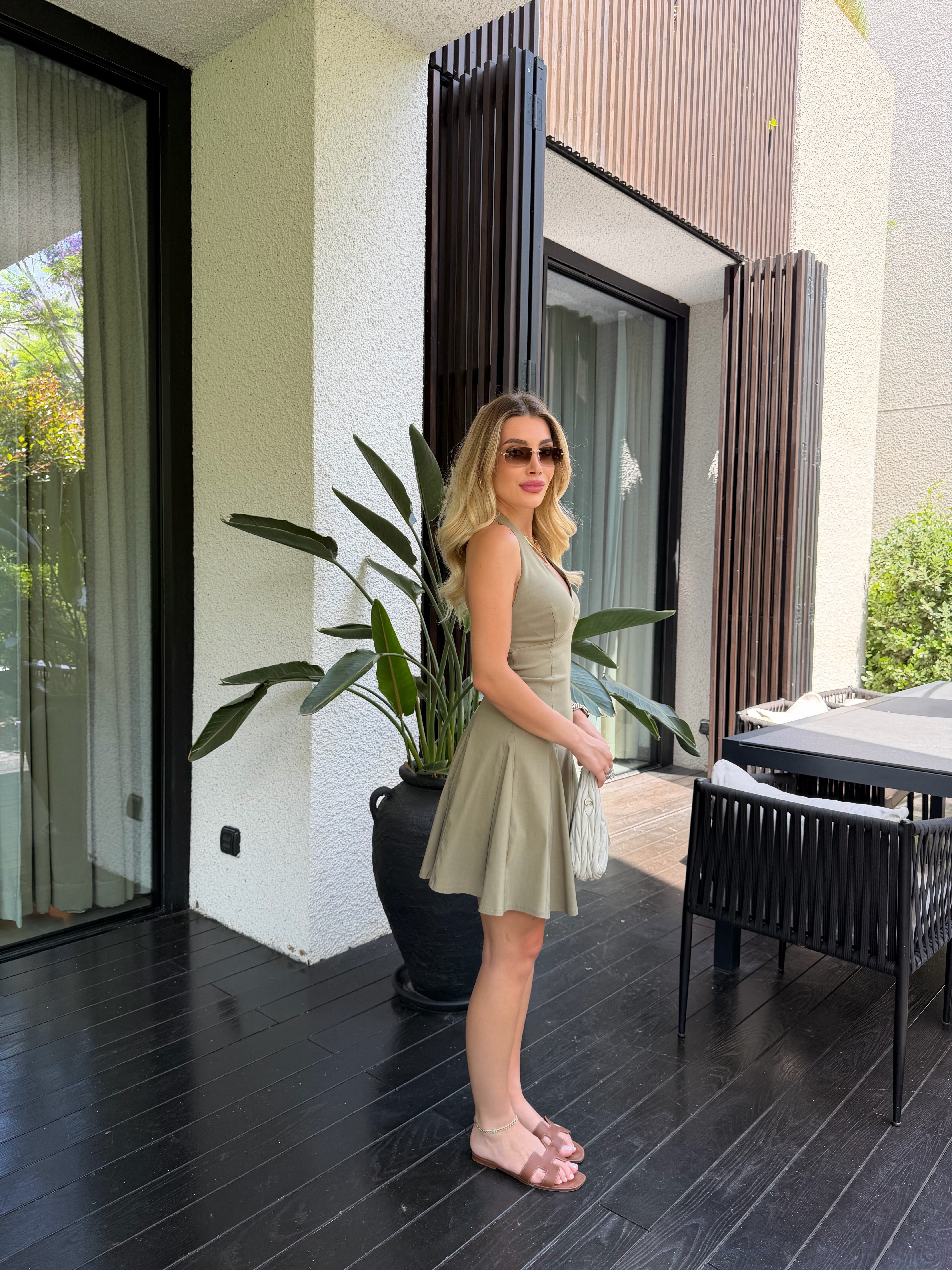 Çağla Yeşili Halter Yaka Mini Elbise-91633