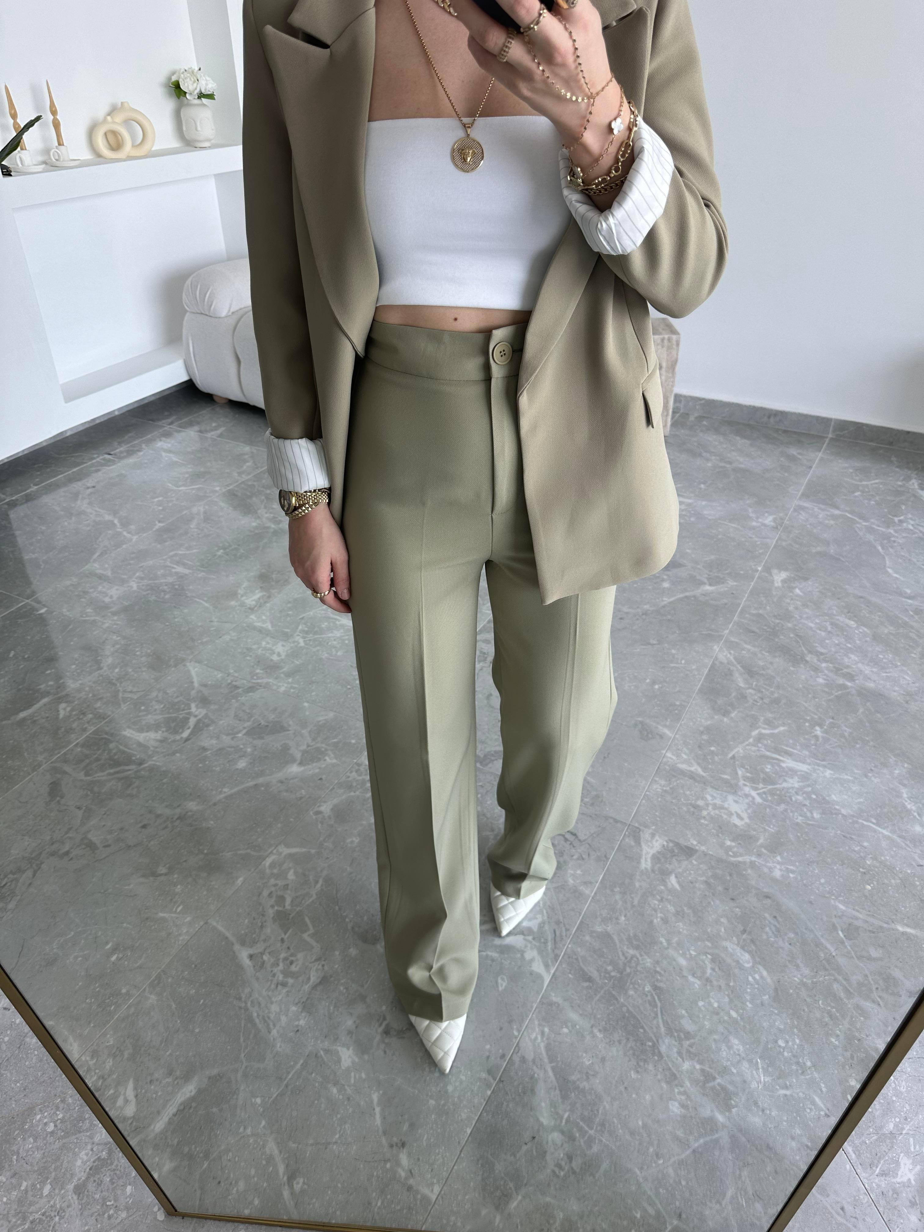 Çağla Yeşili Palazzo Pantolon- Blazer Ceket Takım