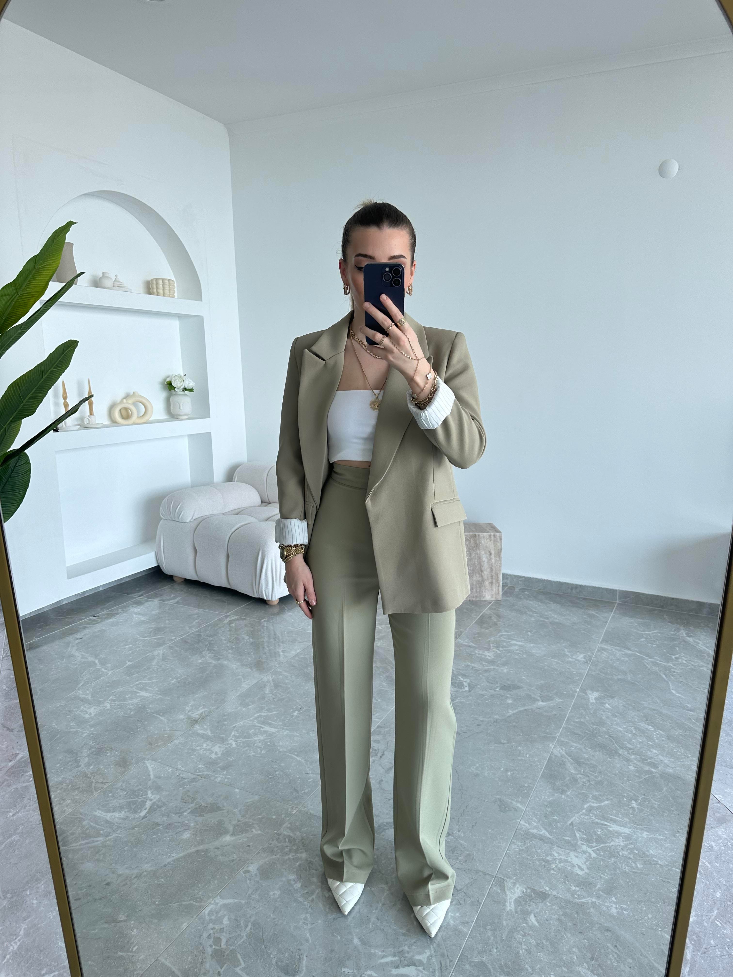 Çağla Yeşili Palazzo Pantolon- Blazer Ceket Takım