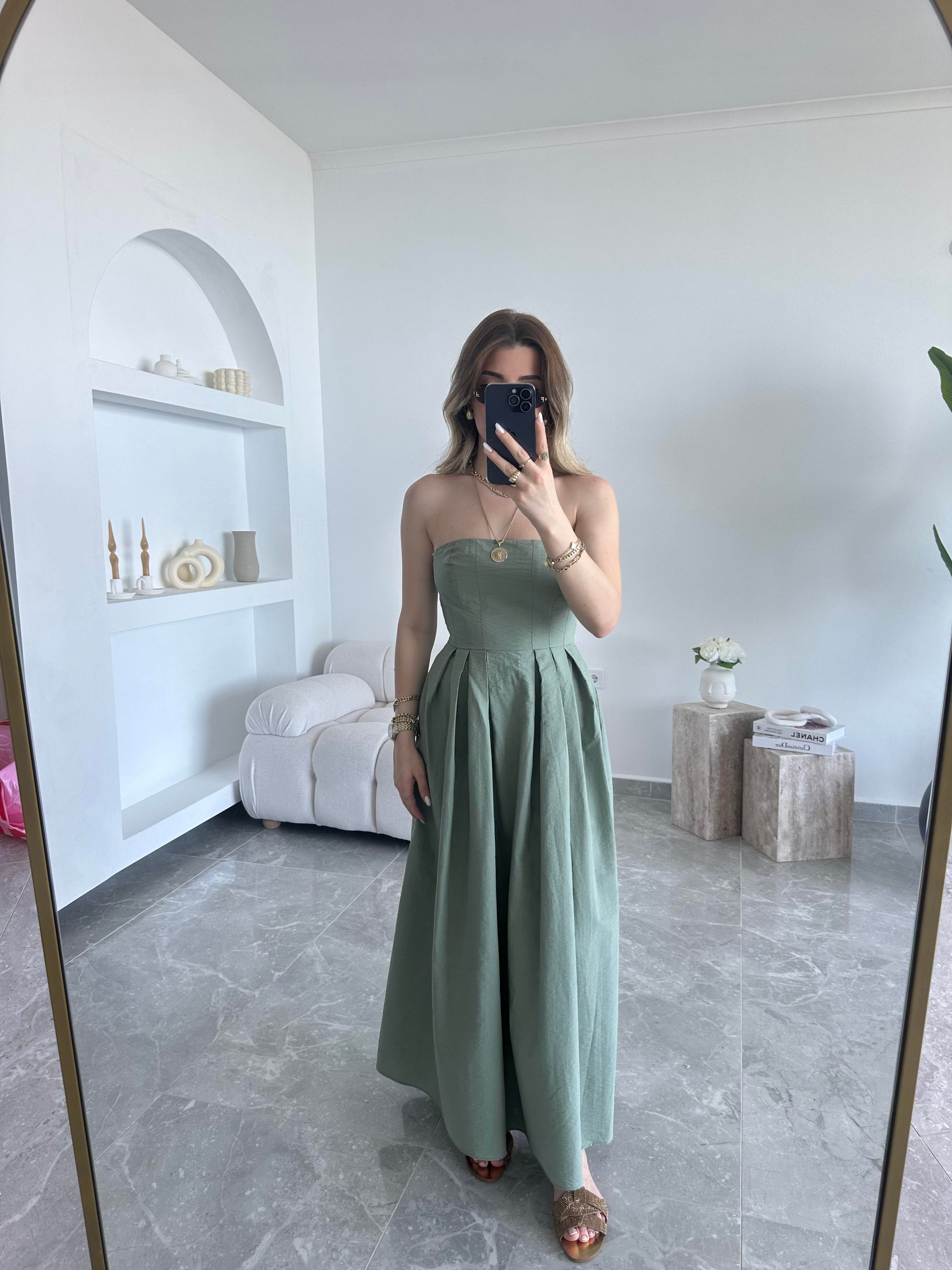 Çağla Yeşili Straplez Maxi Boy Elbise 