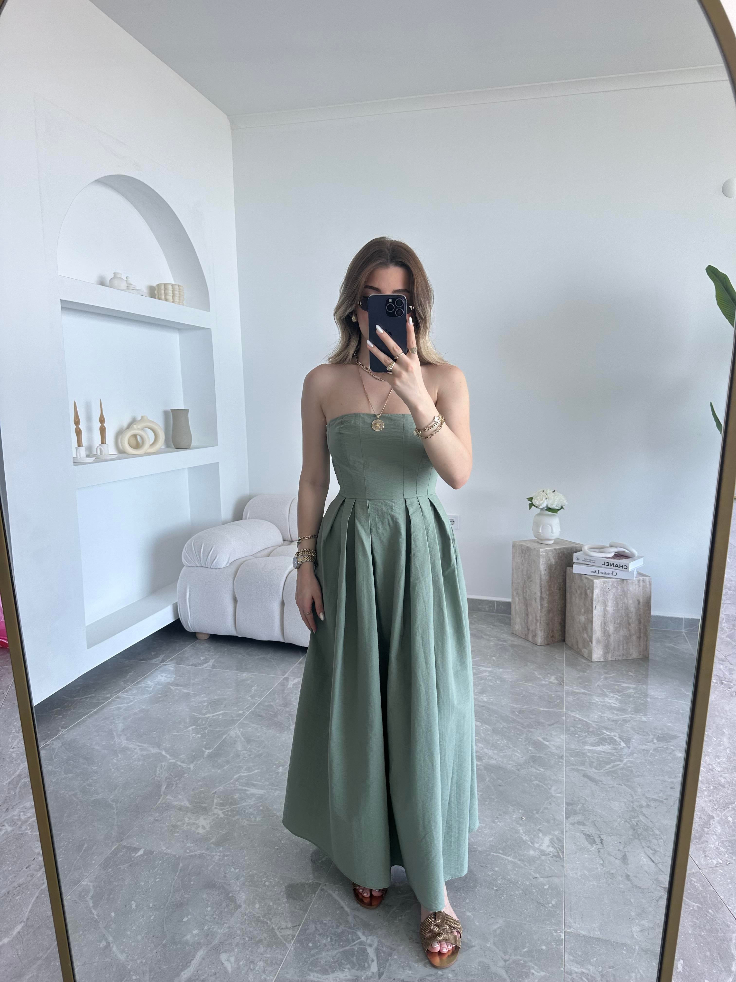 Çağla Yeşili Straplez Maxi Boy Elbise 
