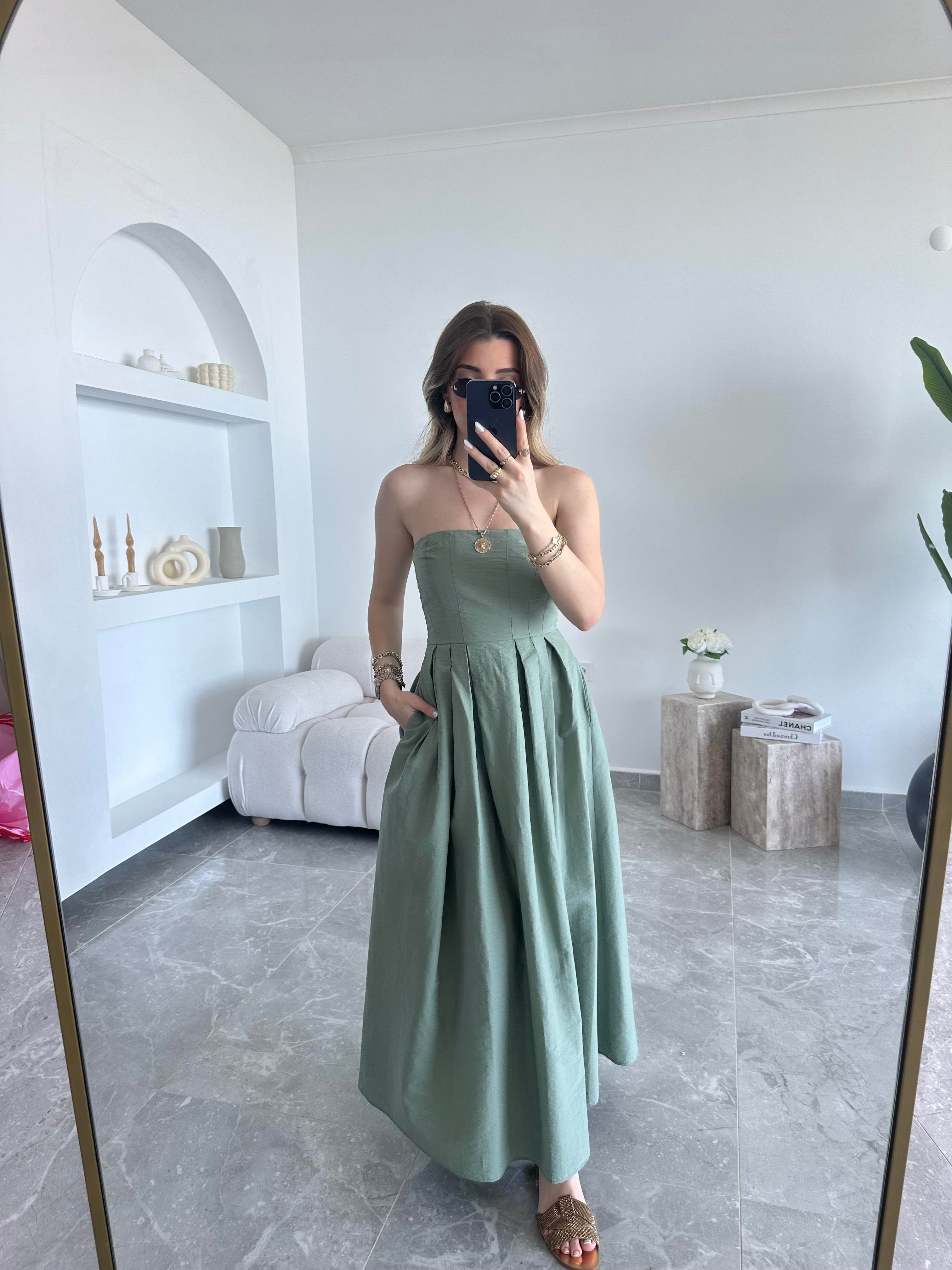 Çağla Yeşili Straplez Maxi Boy Elbise 