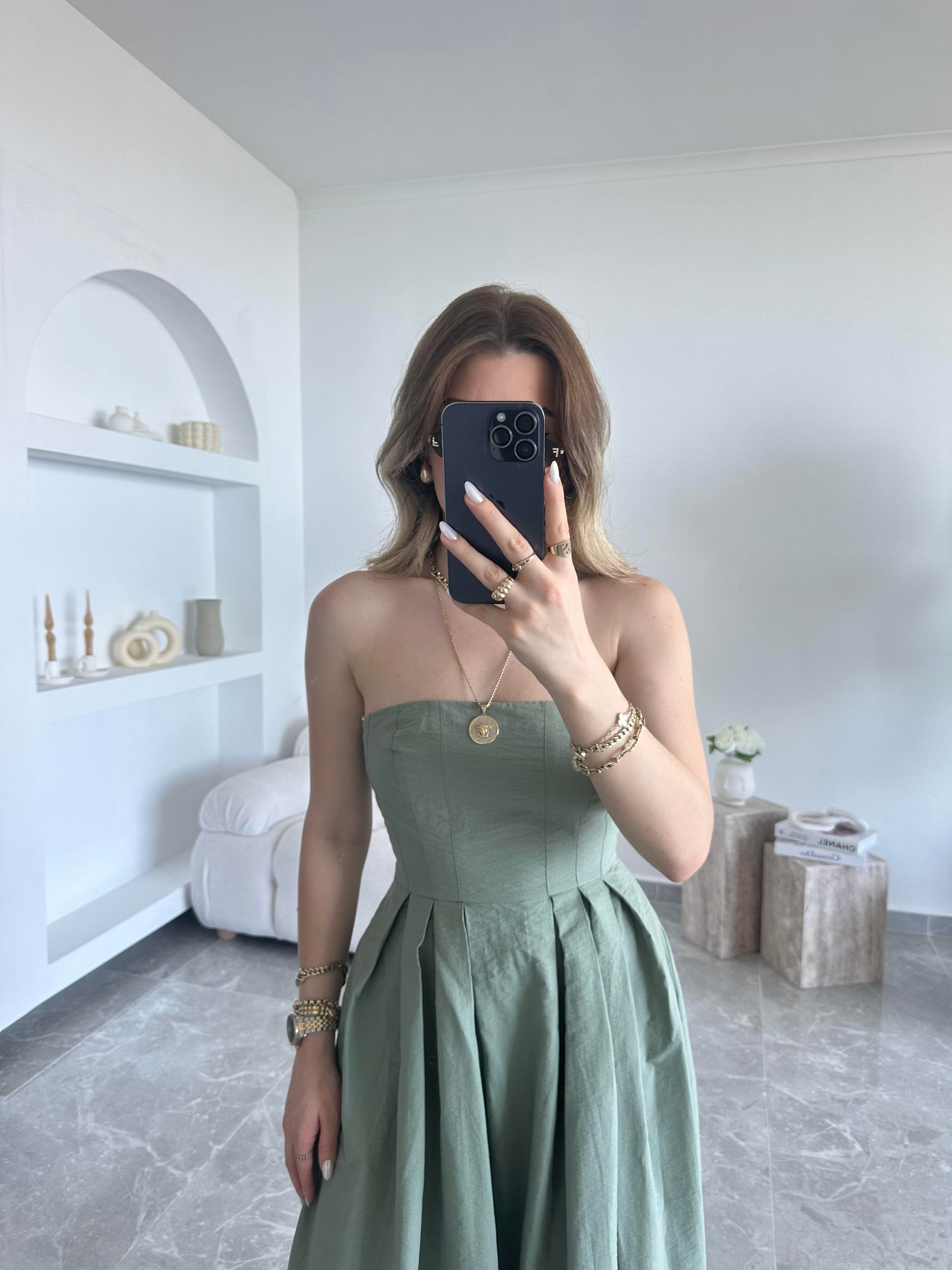 Çağla Yeşili Straplez Maxi Boy Elbise 