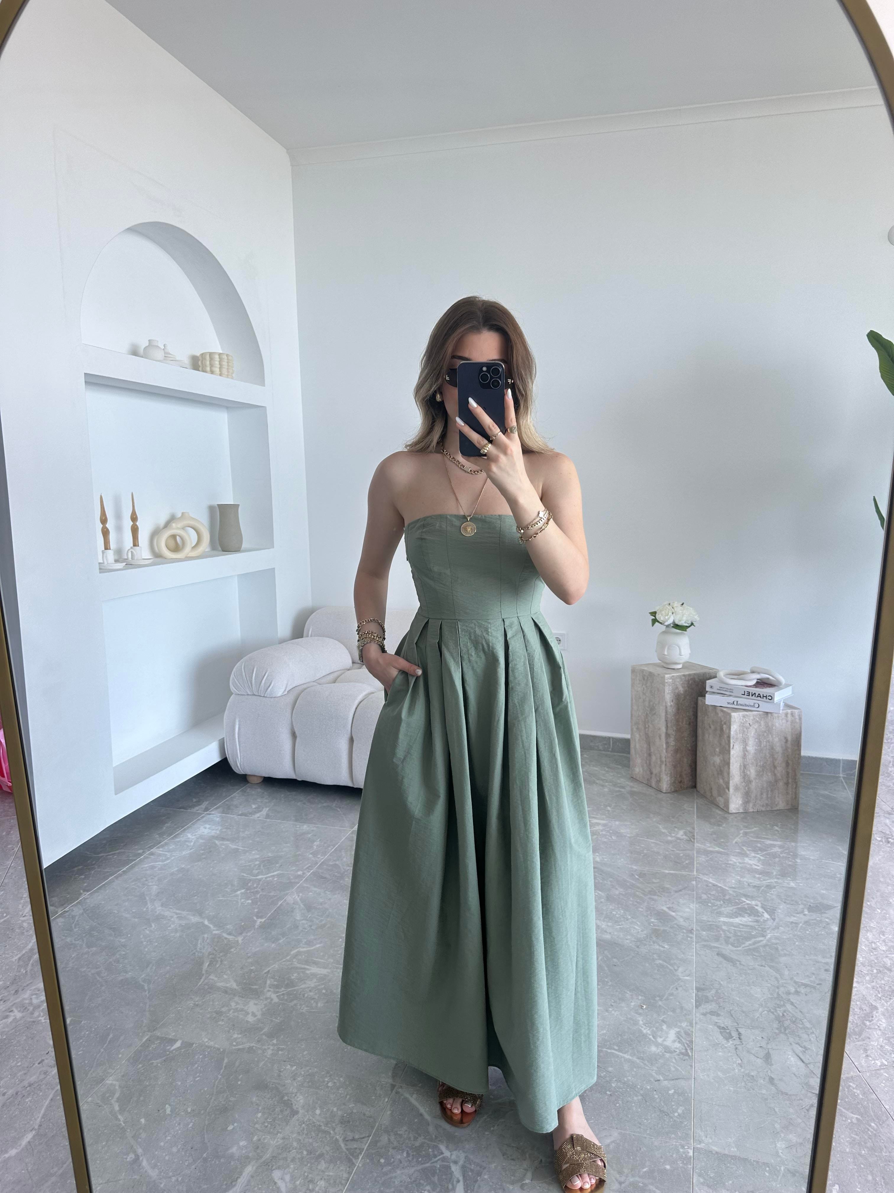 Çağla Yeşili Straplez Maxi Boy Elbise 