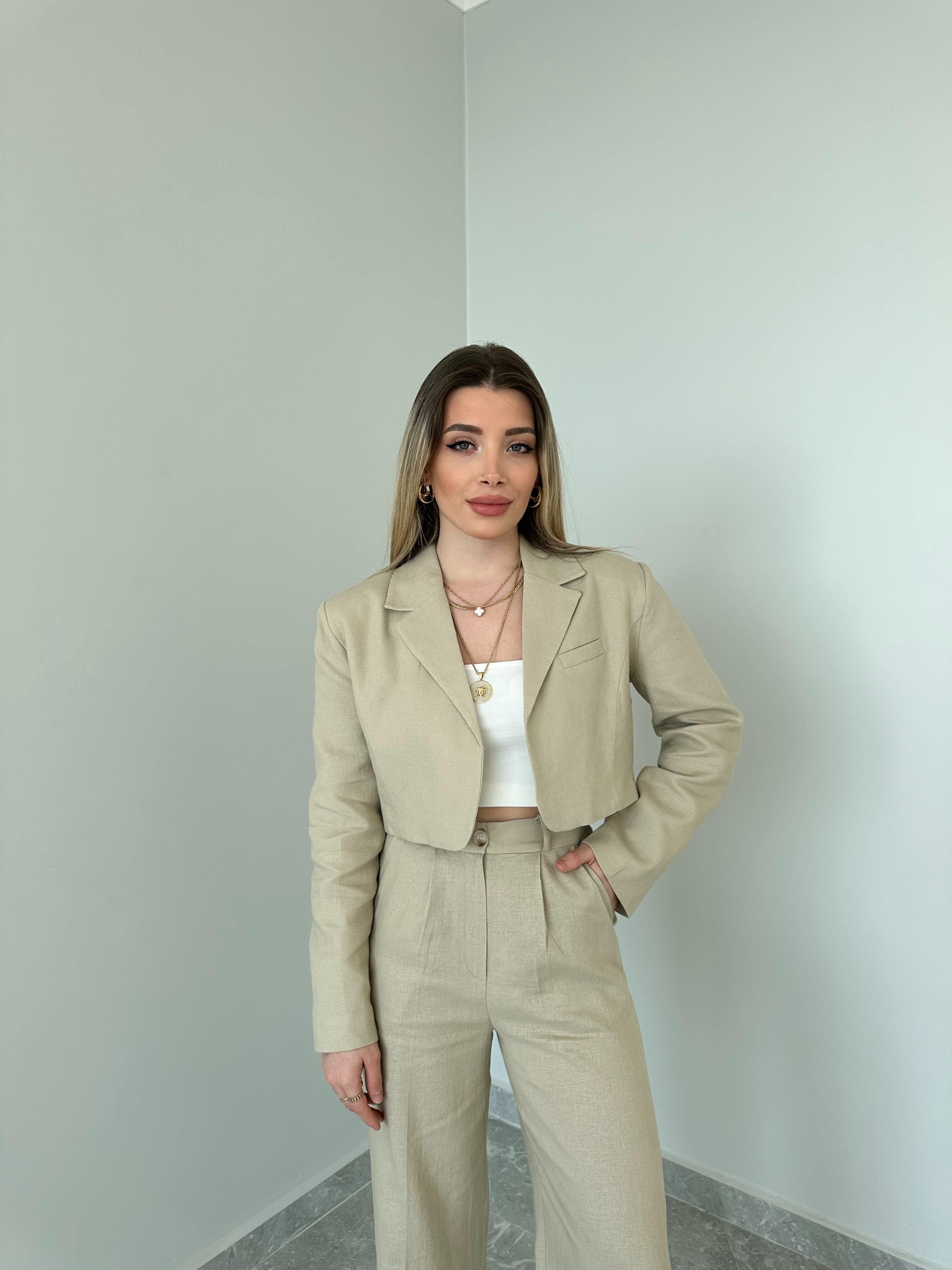 Camel Ham Keten Crop Ceketli Premium Takım
