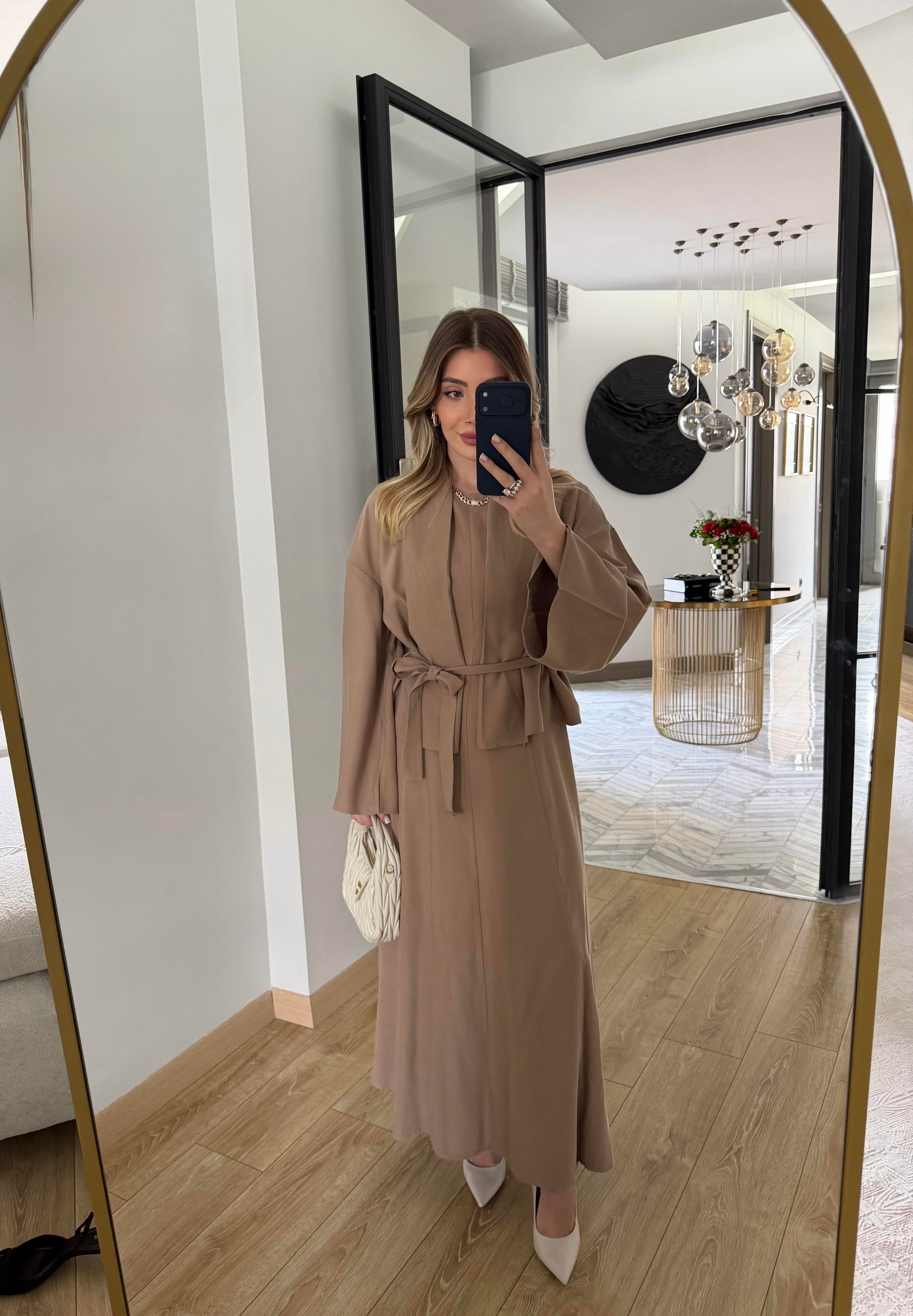 Camel  Kuşaklı Elbise Ceket Takım