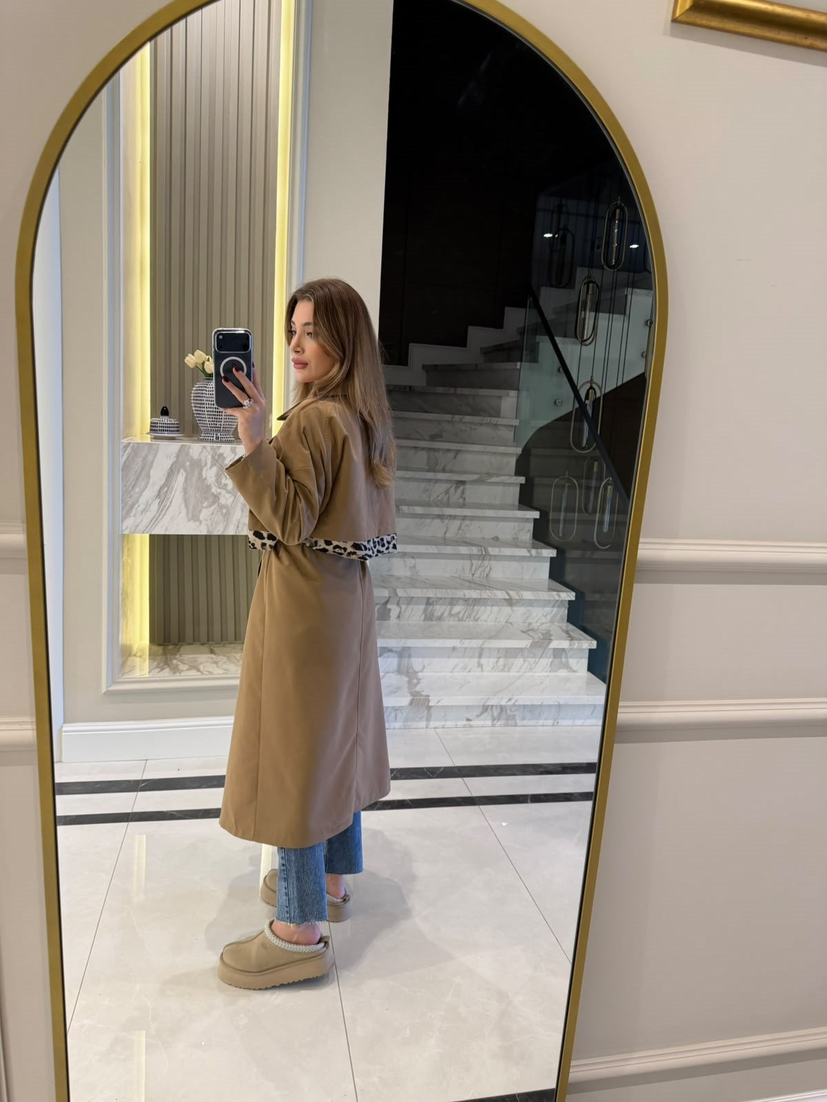 Camel Leopar Detaylı Trençkot