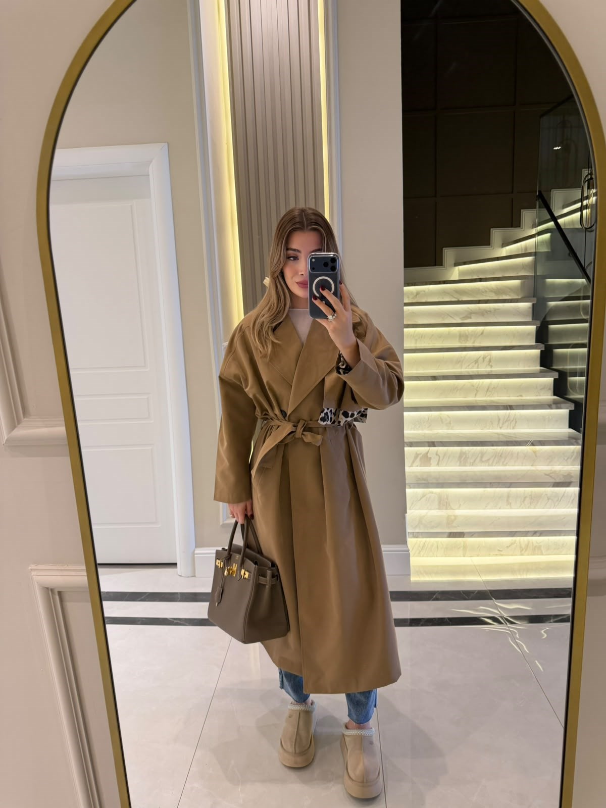 Camel Leopar Detaylı Trençkot