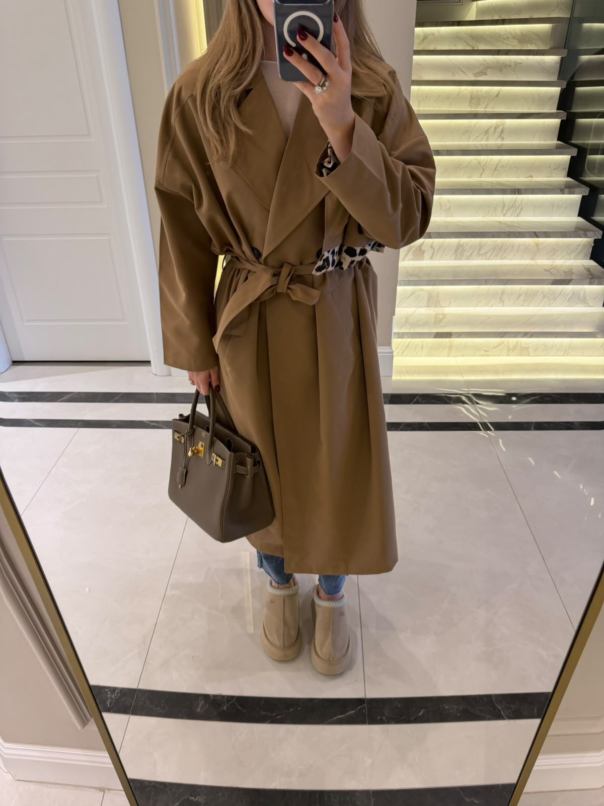 Camel Leopar Detaylı Trençkot