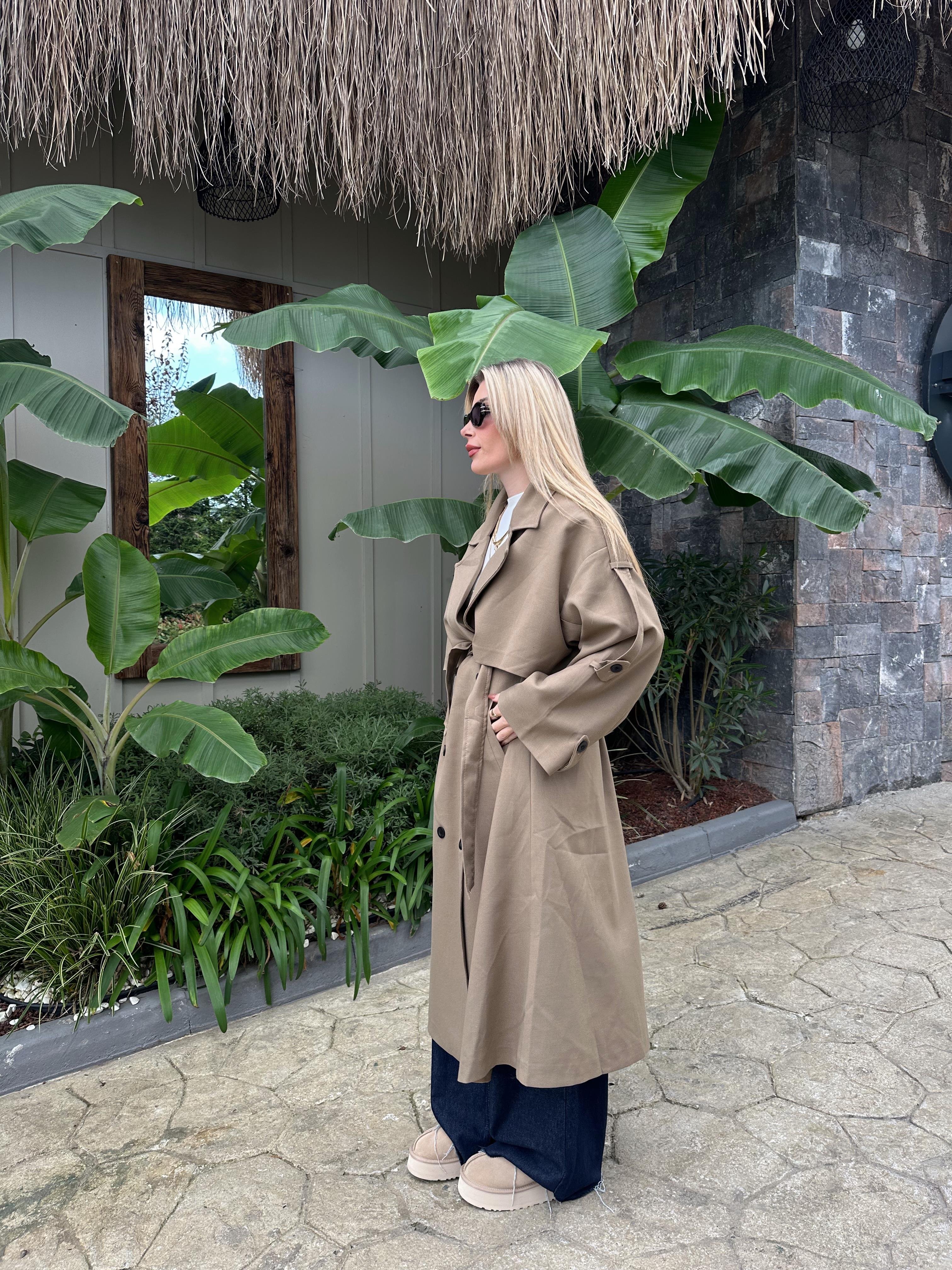 Camel Rengi Oversize Poliviskon Trenç