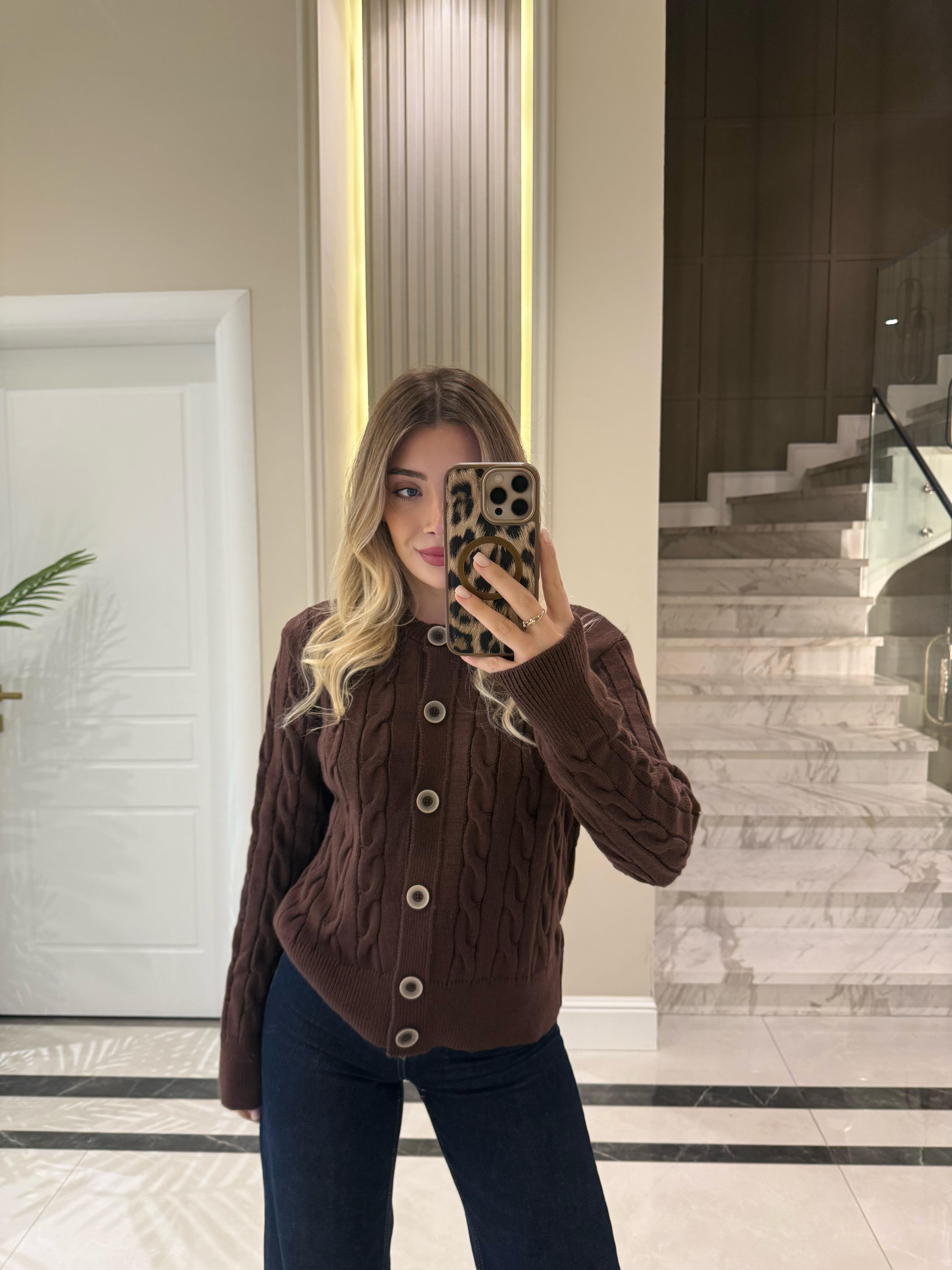 Cherry Saç Örgülü Düğmeli Hırka-1030