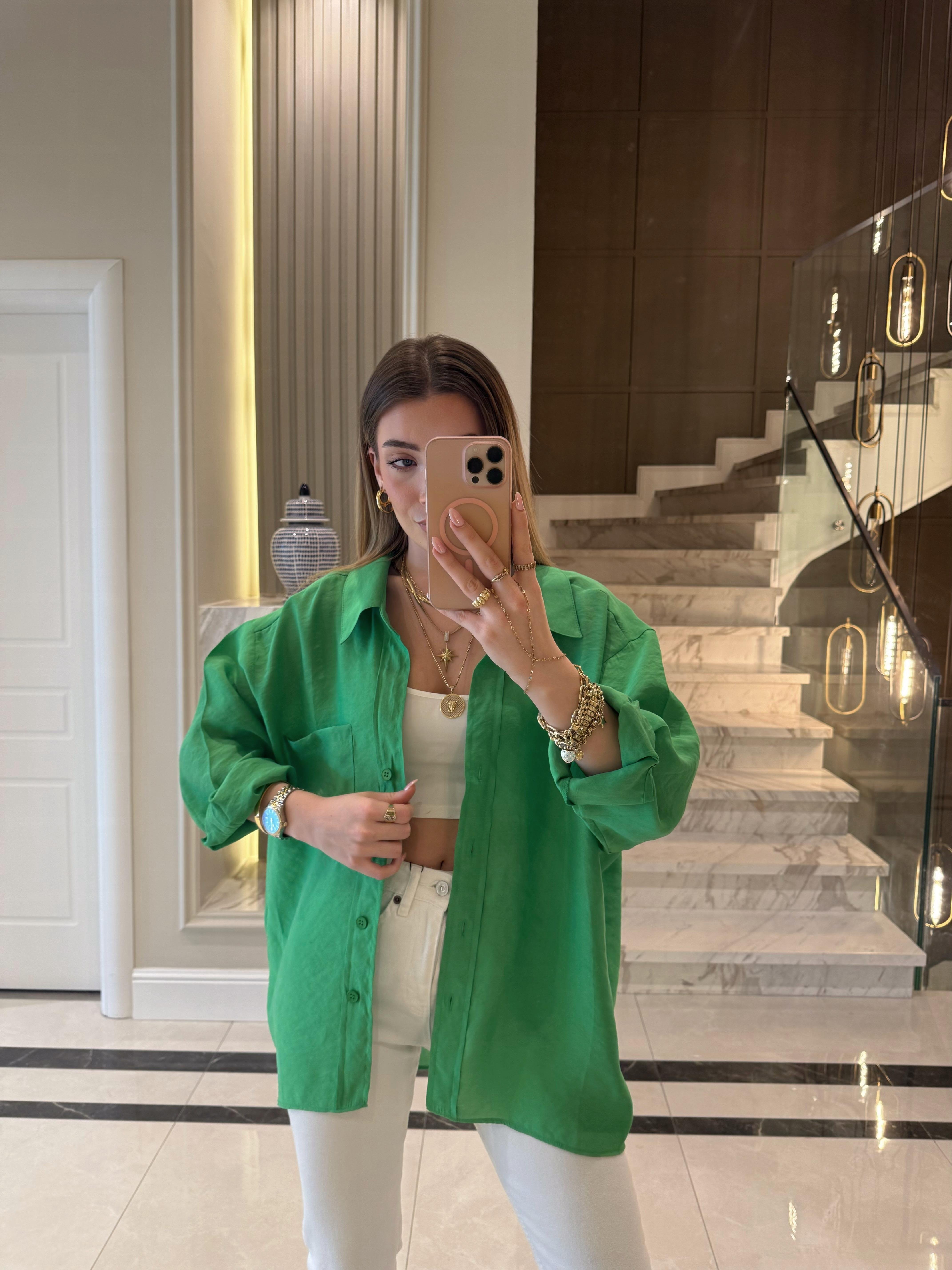 Çimen Yeşili Oversize Tensel Gömlek-4612