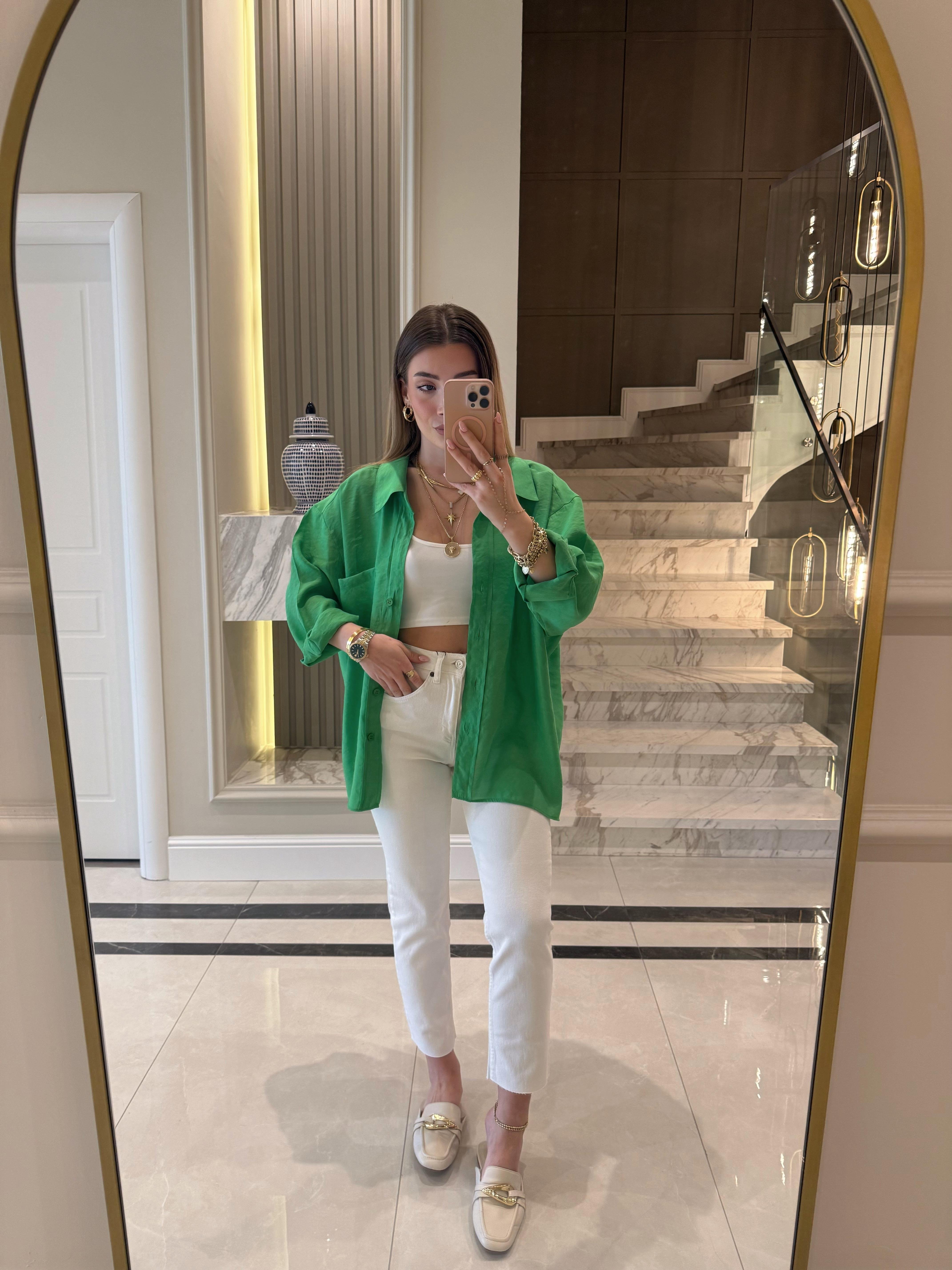 Çimen Yeşili Oversize Tensel Gömlek-4612