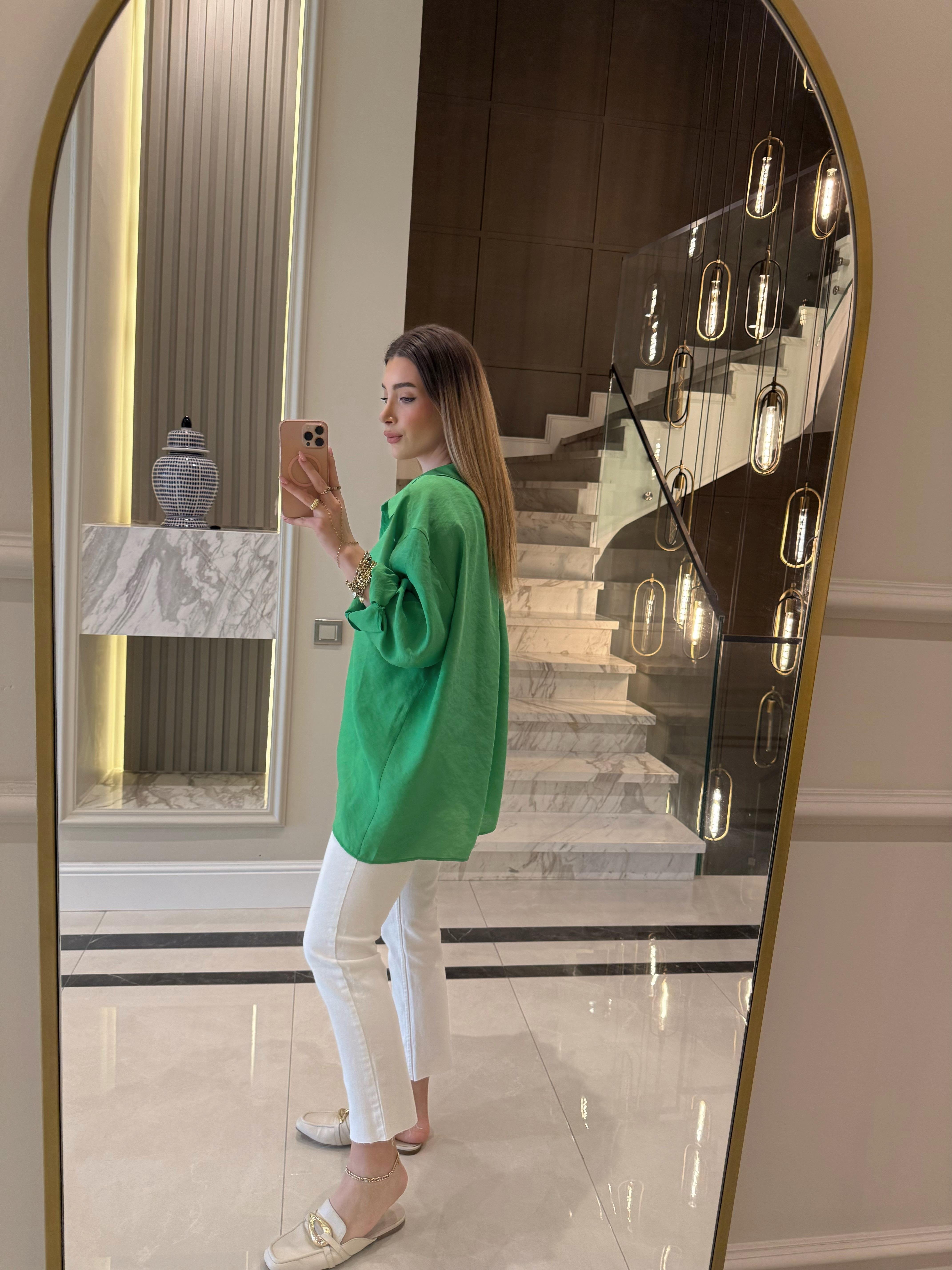 Çimen Yeşili Oversize Tensel Gömlek-4612
