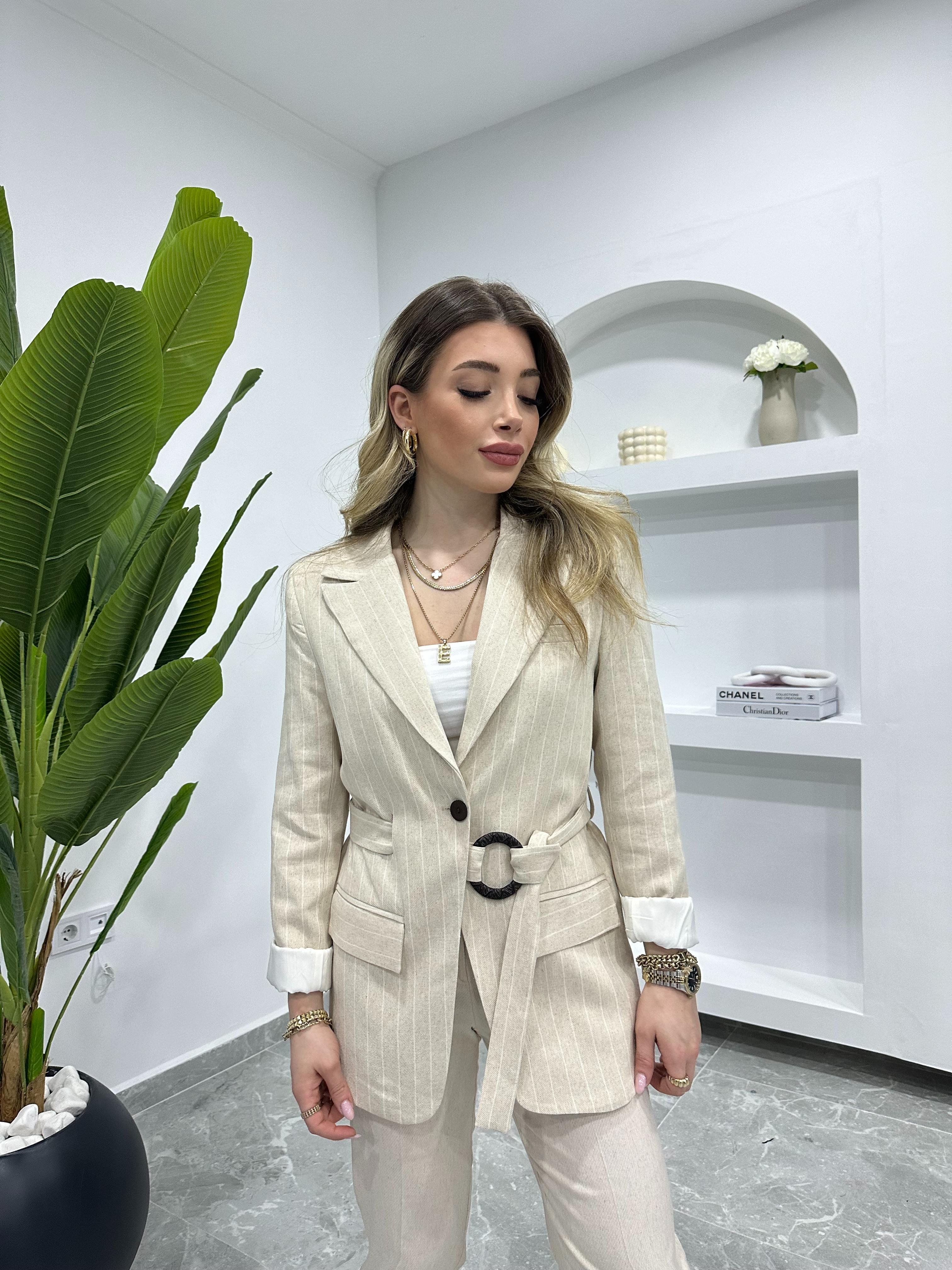 Çizgili Keten Kuşaklı Blazer Ceket -9423