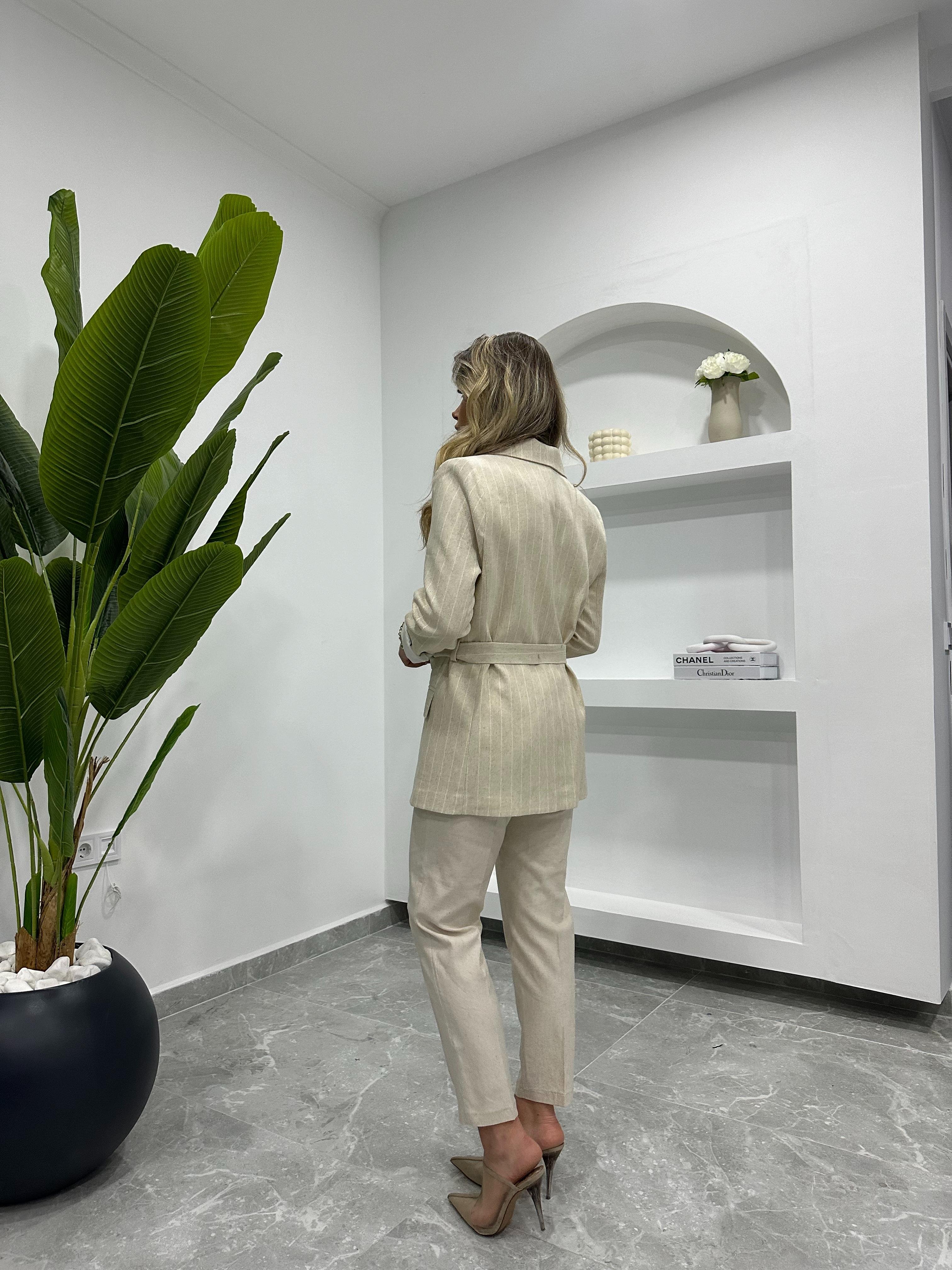 Çizgili Keten Kuşaklı Blazer Ceket -9423