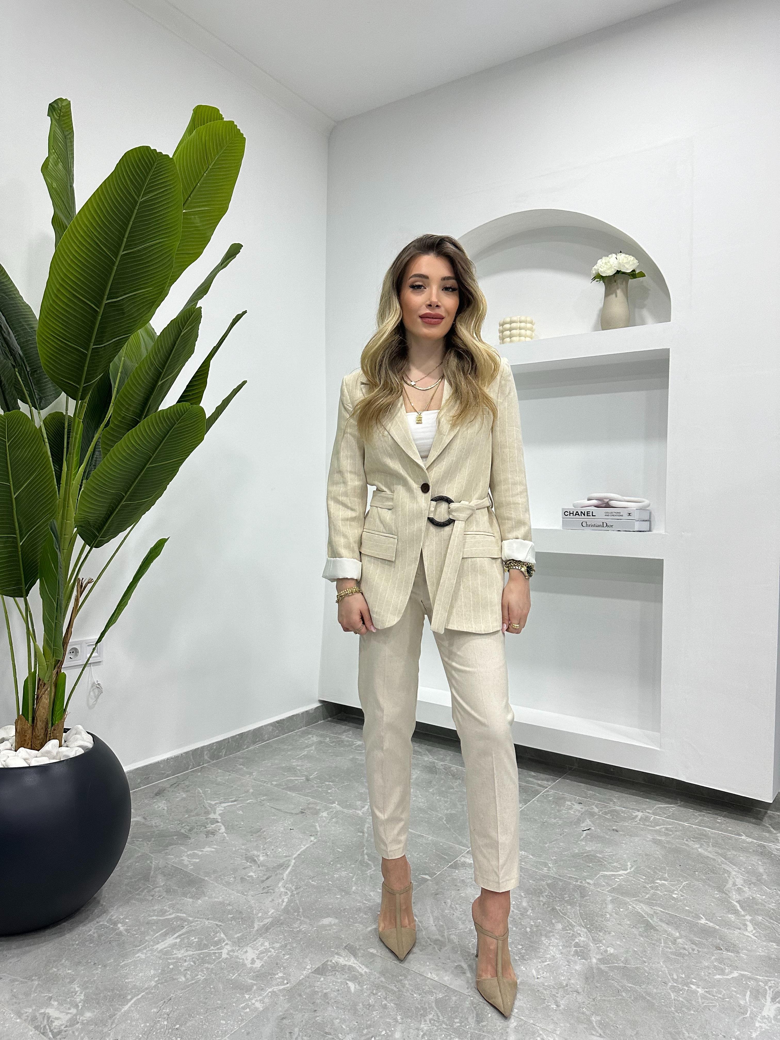 Çizgili Keten Kuşaklı Blazer Ceket -9423