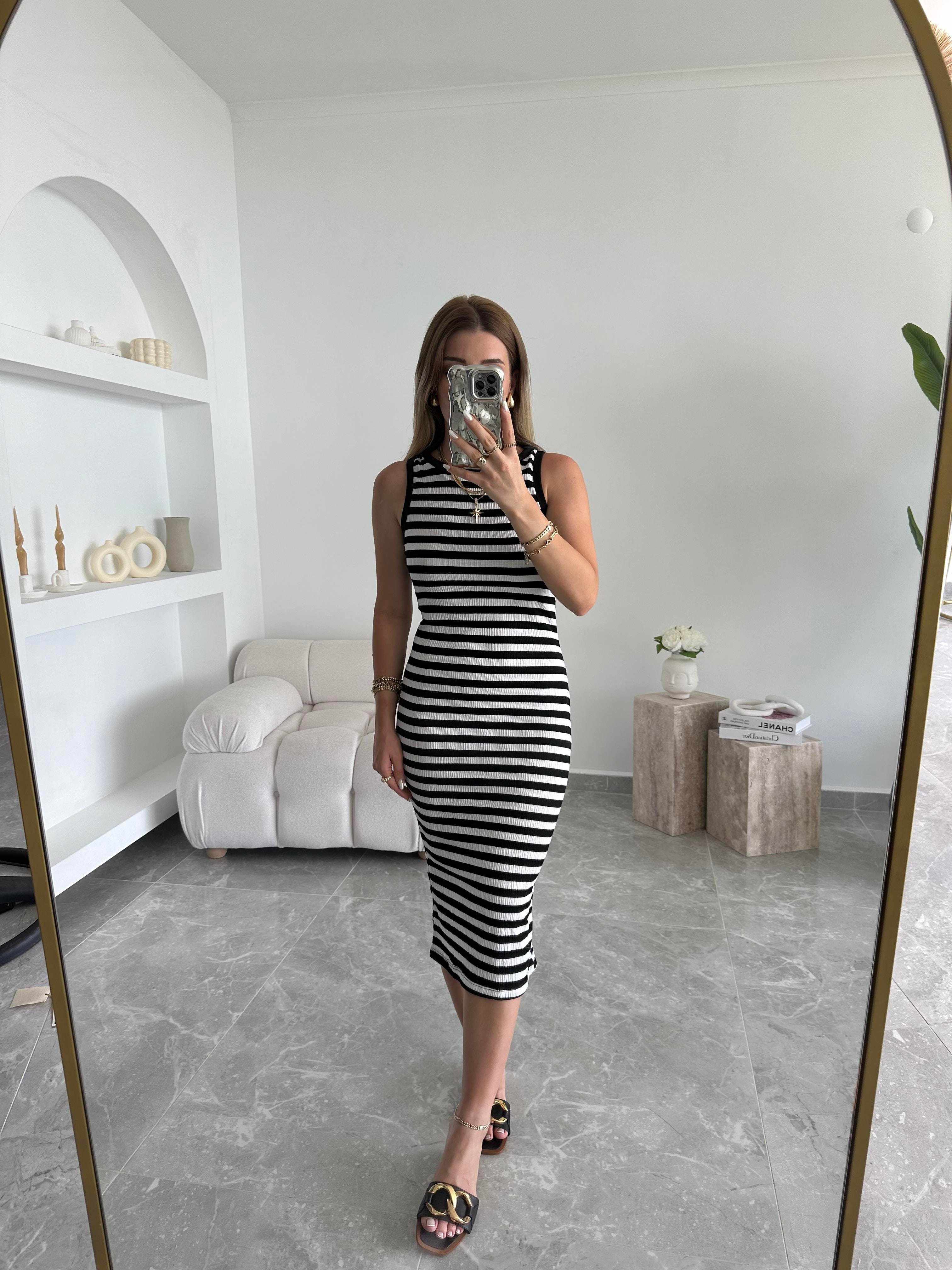 Çizgili Midi Boy Likralı Elbise
