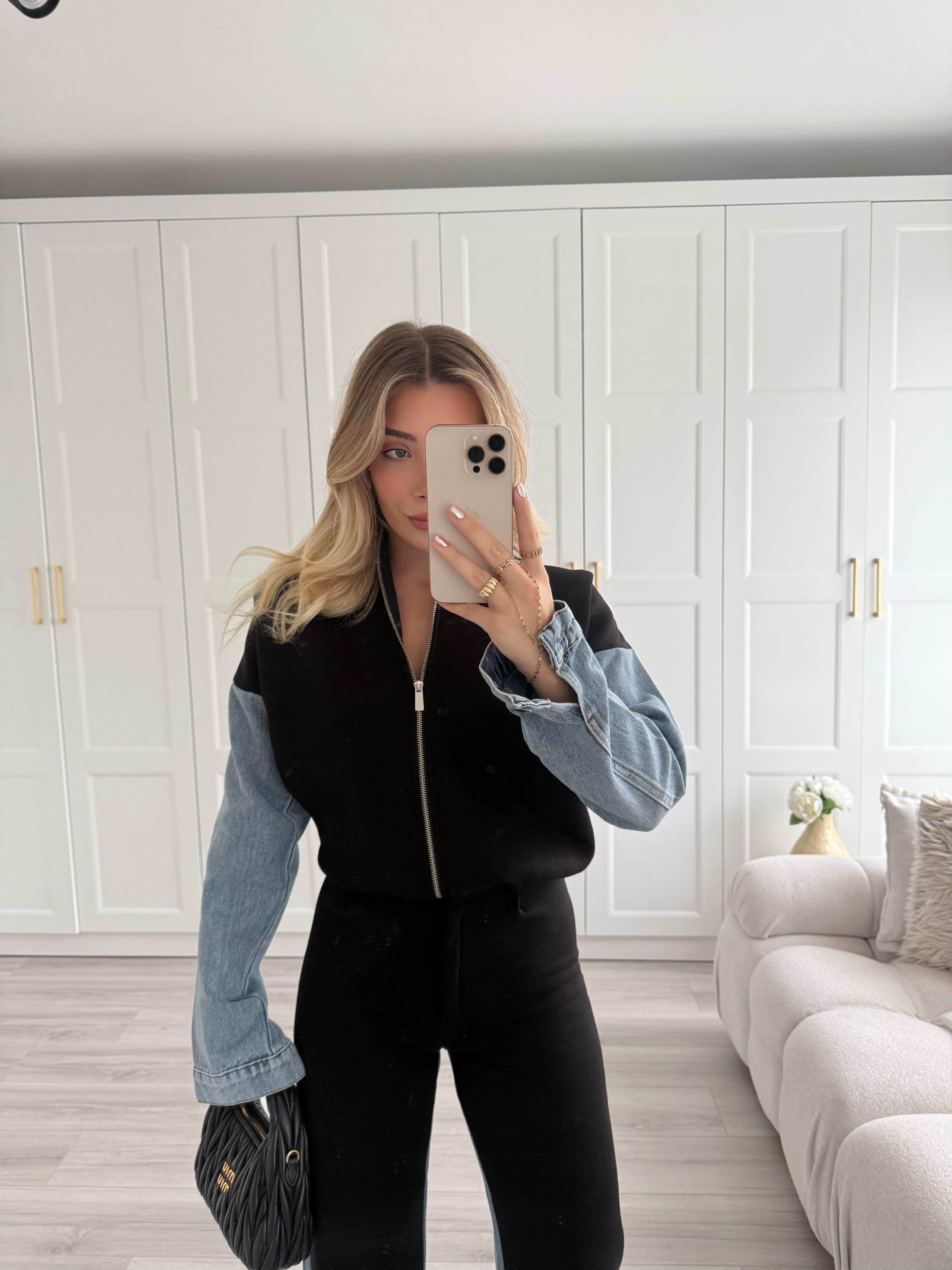Denim Detaylı Siyah İkili Takım