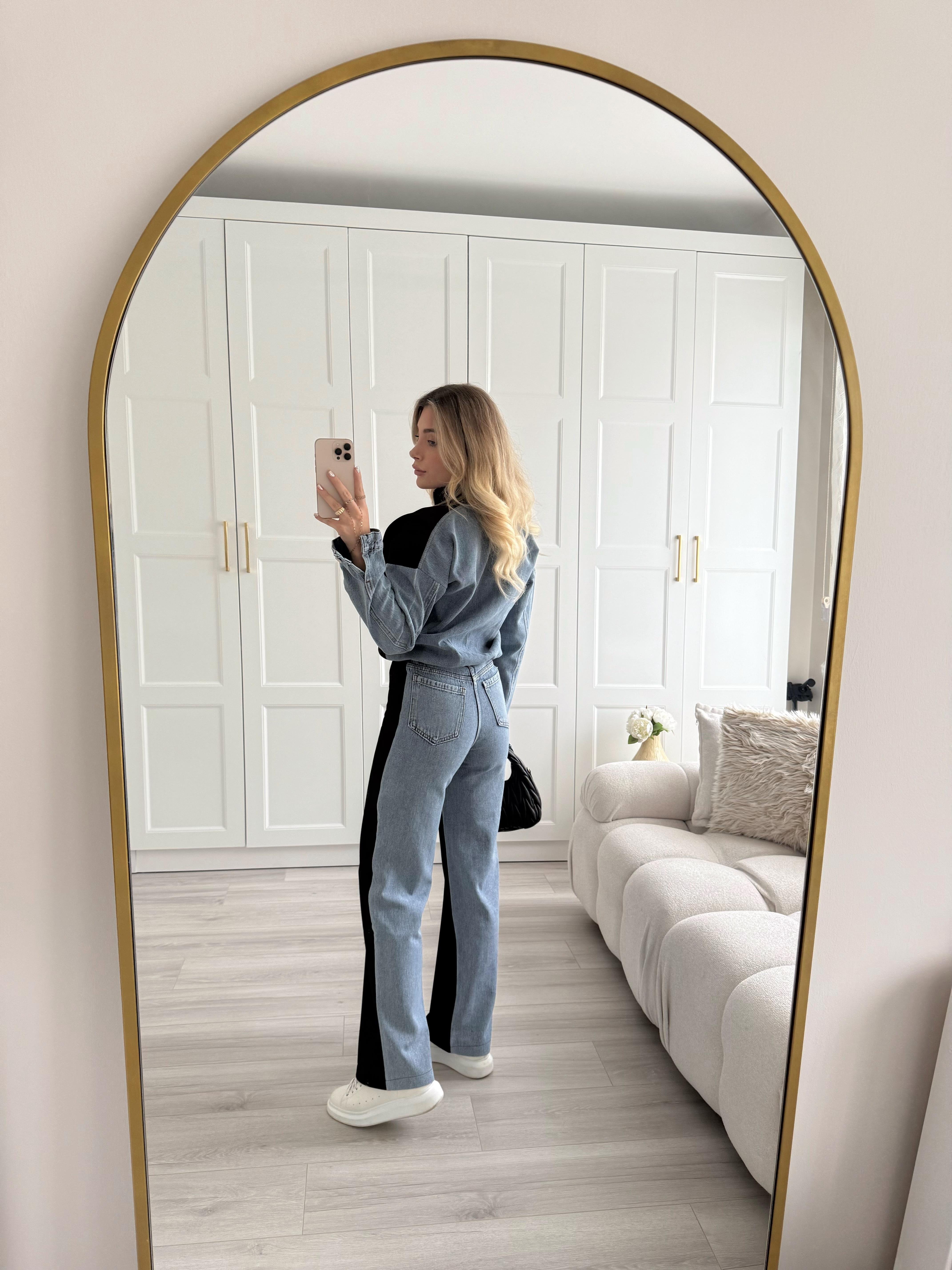 Denim Detaylı Siyah İkili Takım