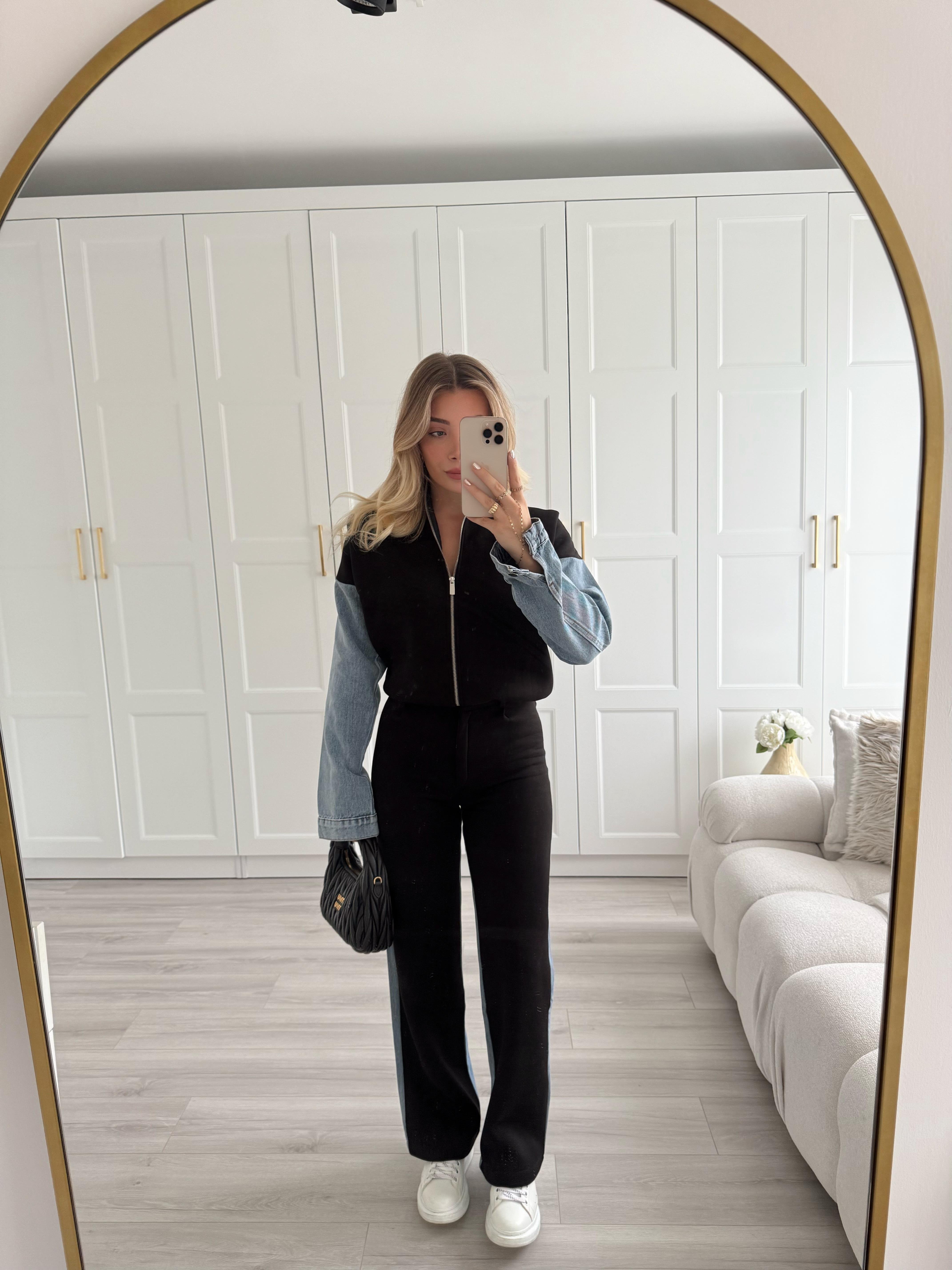 Denim Detaylı Siyah İkili Takım