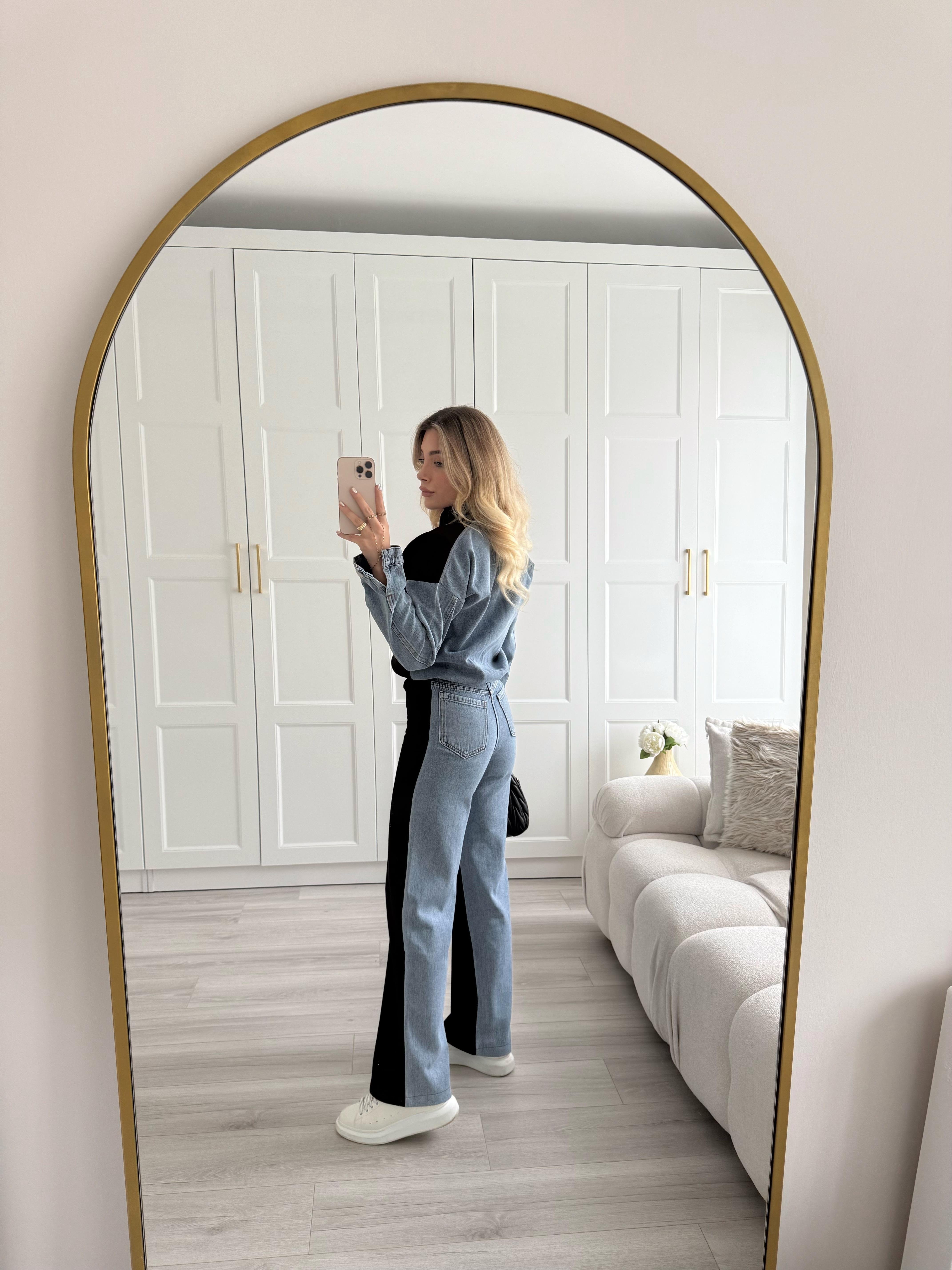 Denim Detaylı Siyah İkili Takım