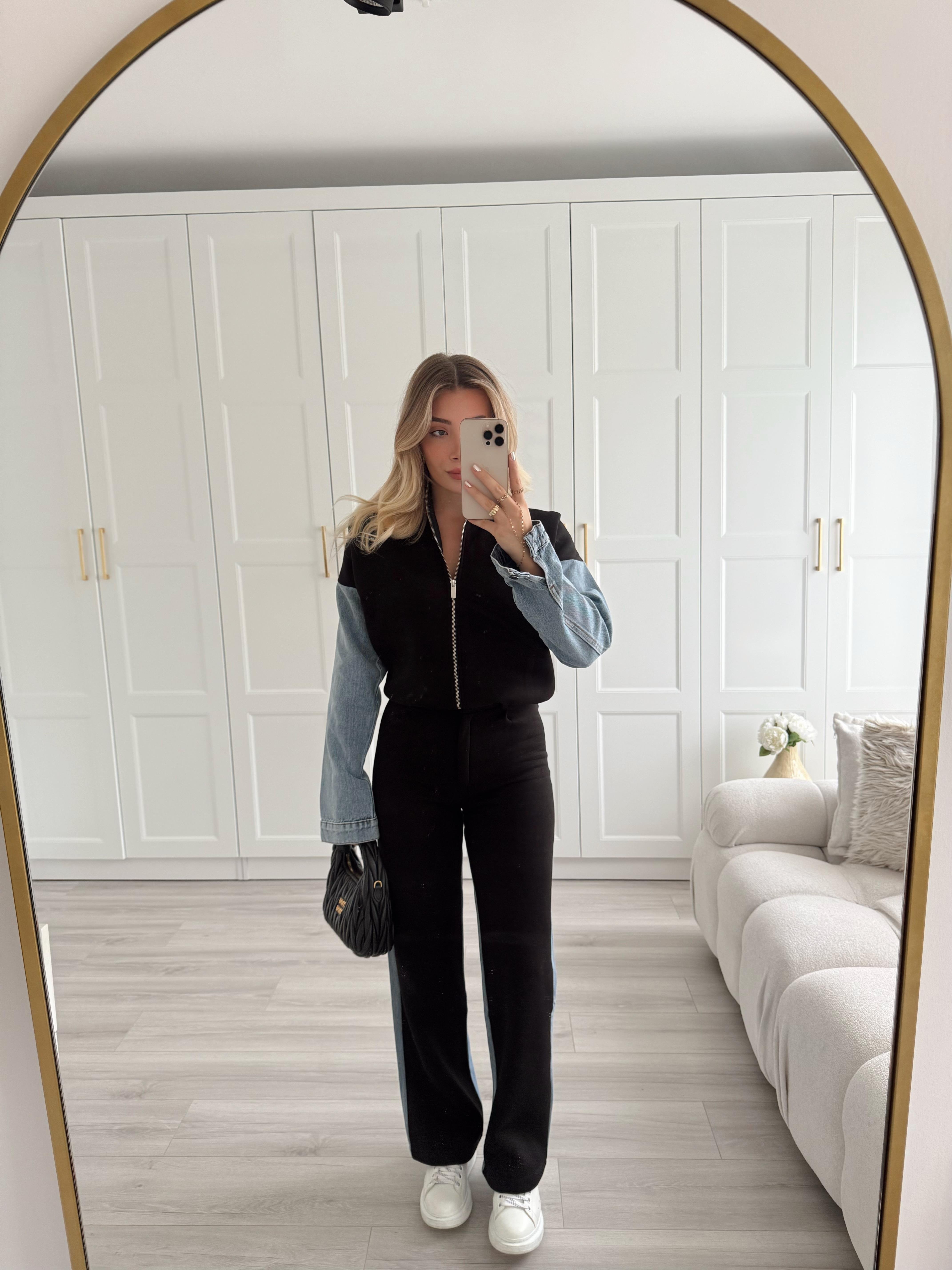 Denim Detaylı Siyah İkili Takım