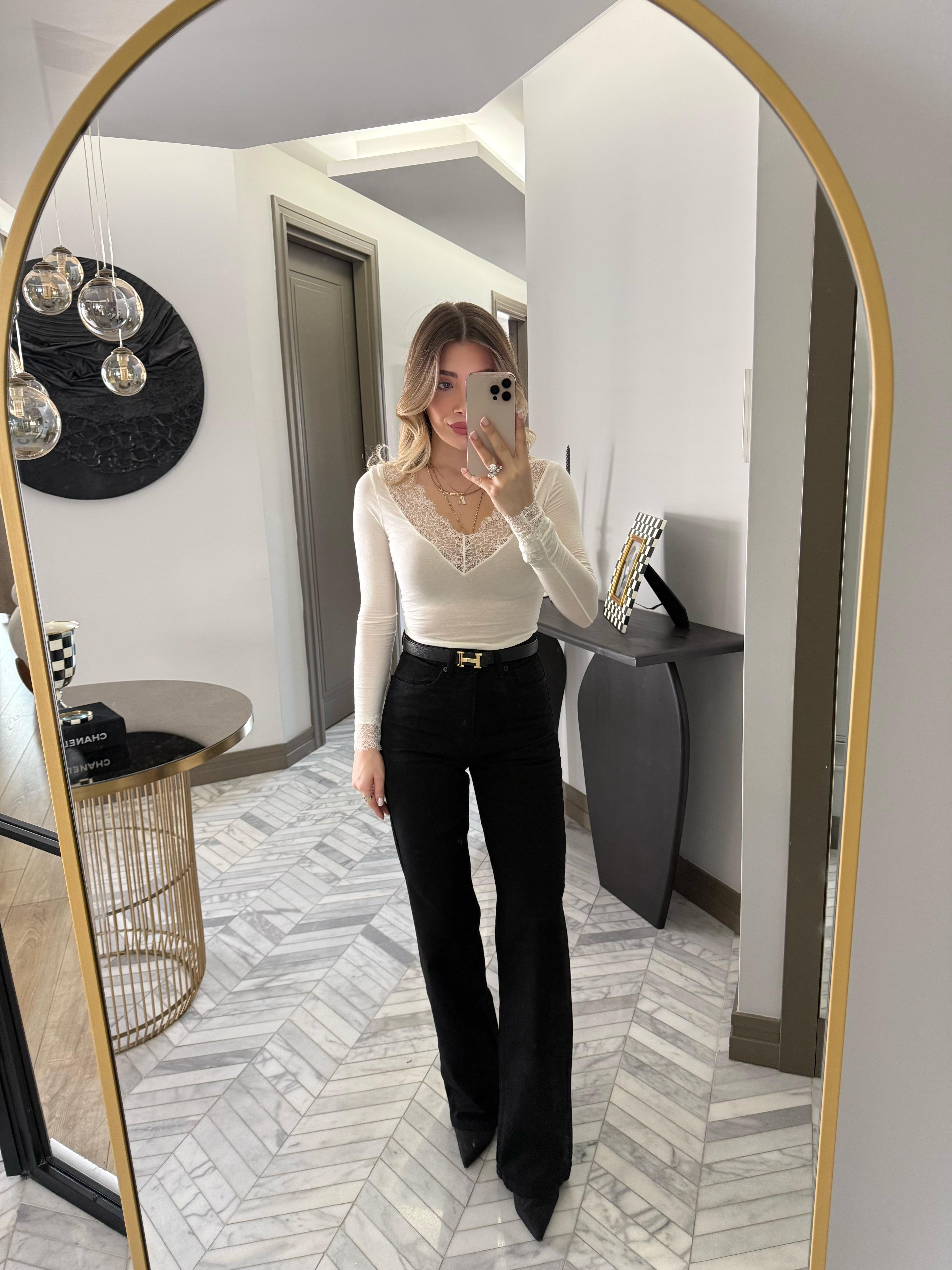 Ekru Dantelli Kaşmir Transparan Bluz-32311