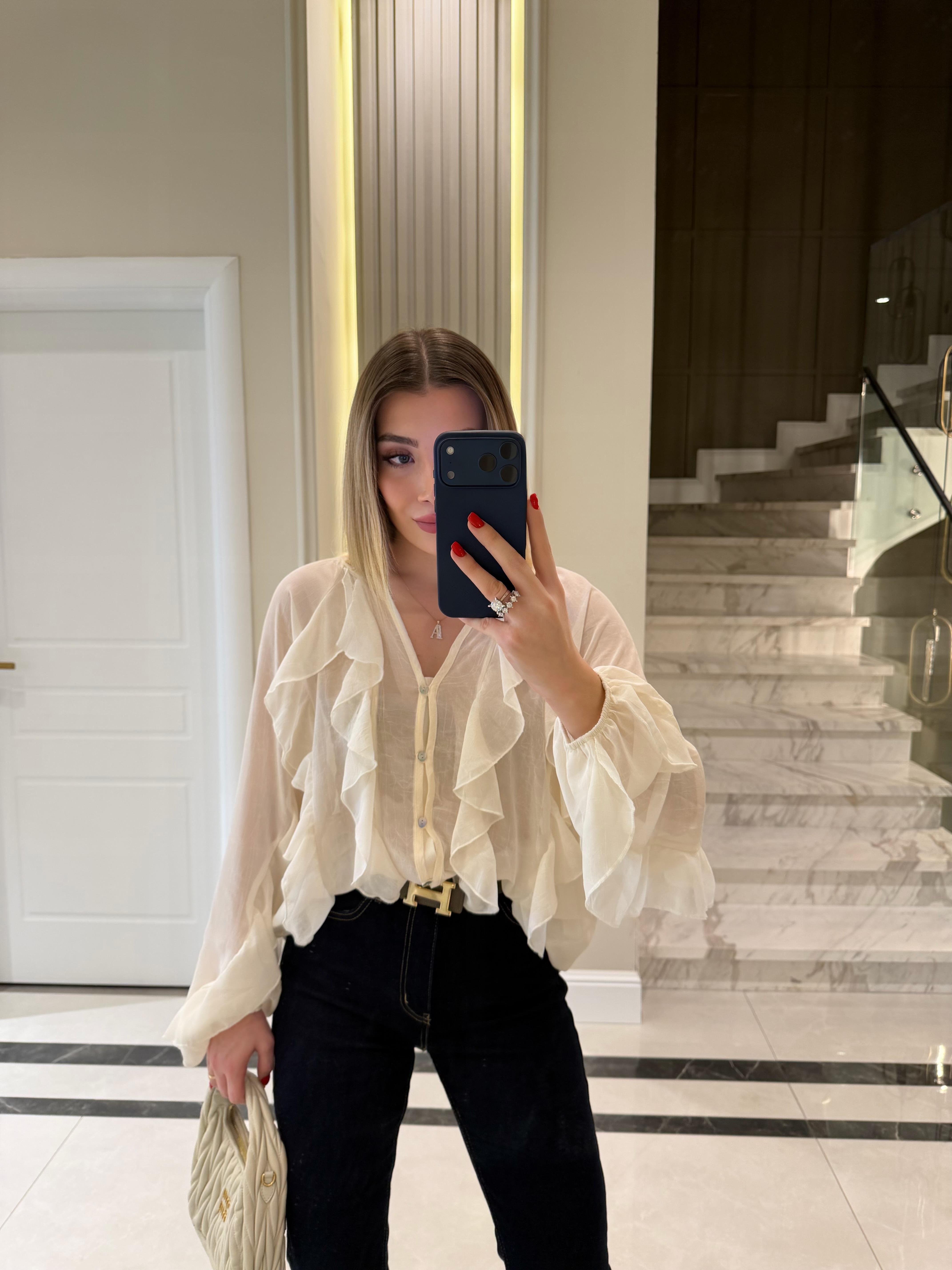 Ekru Fırfır Detaylı Şifon Bluz -70245