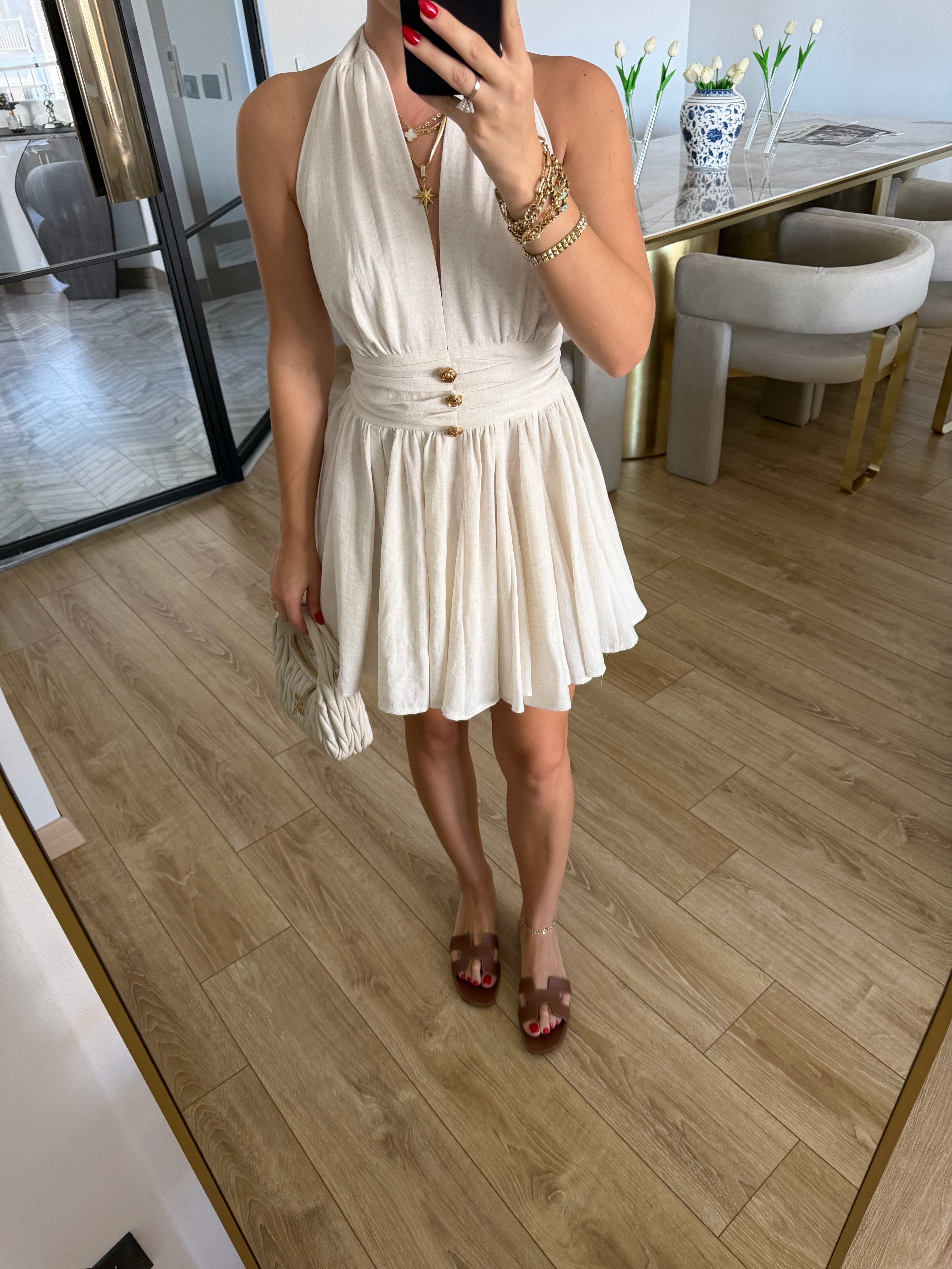 Ekru Gold Düğmeli Mini Elbise 