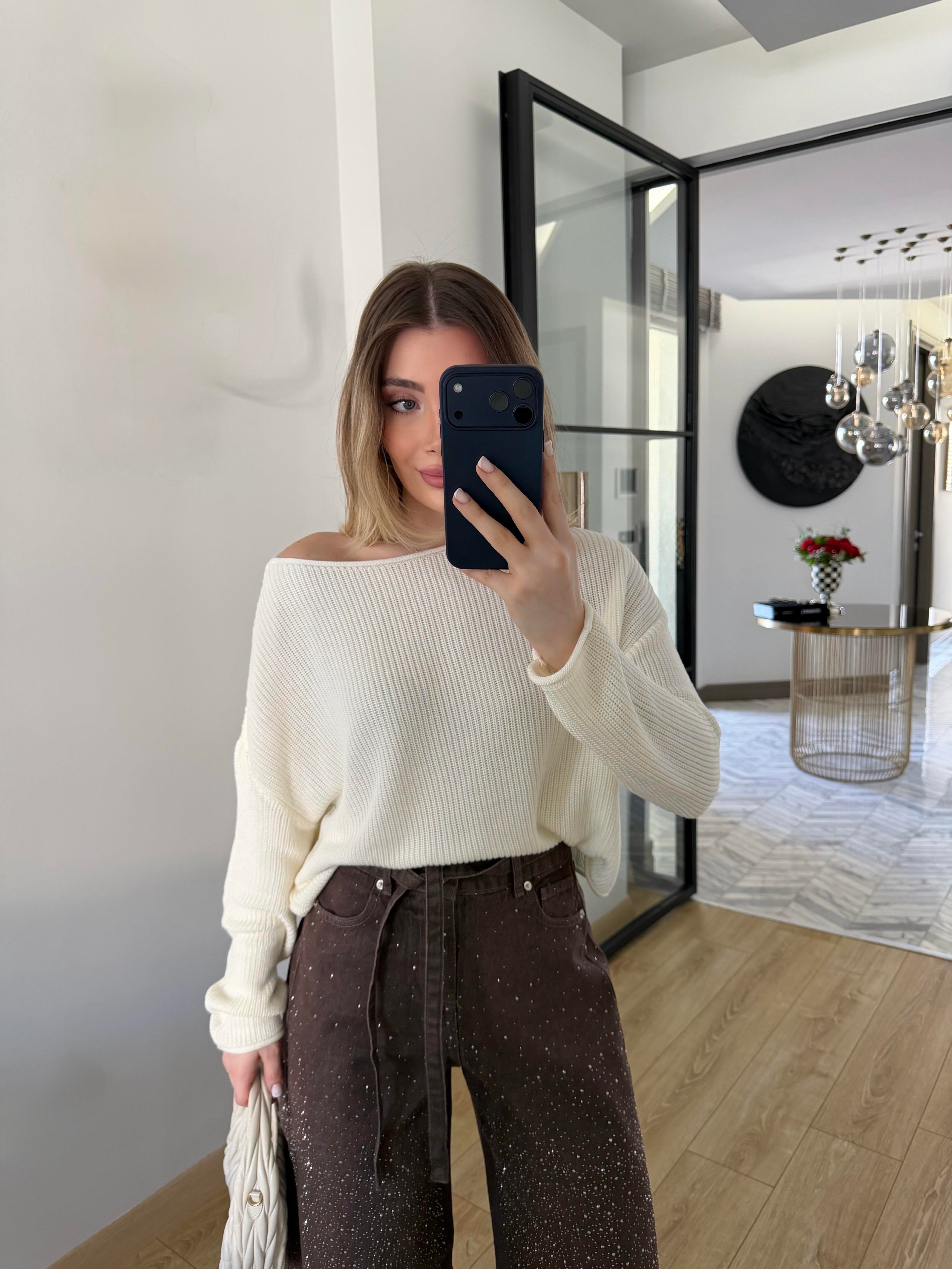 Ekru Kayık Yaka Basic Triko Kazak-10804