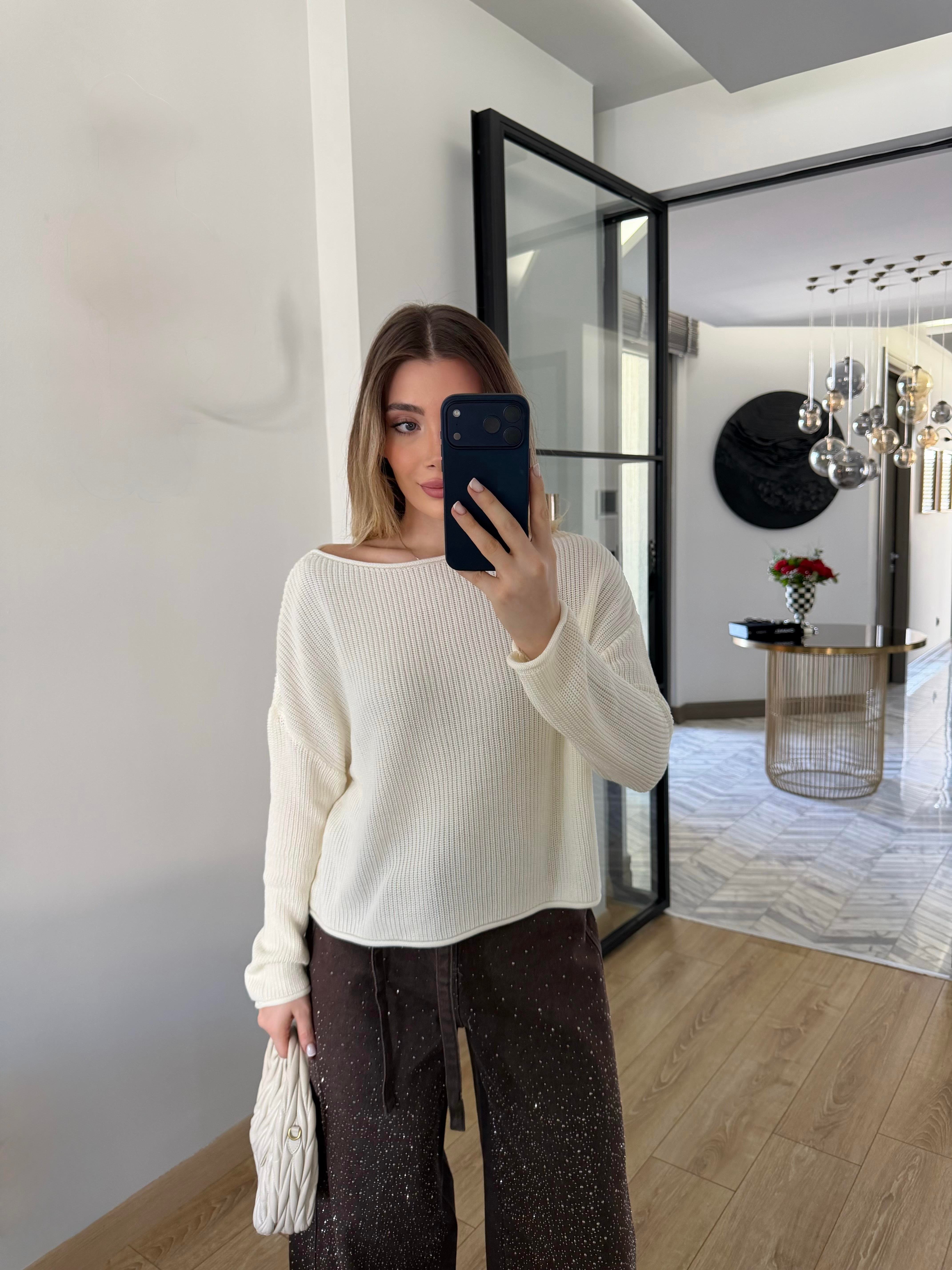 Ekru Kayık Yaka Basic Triko Kazak-10804