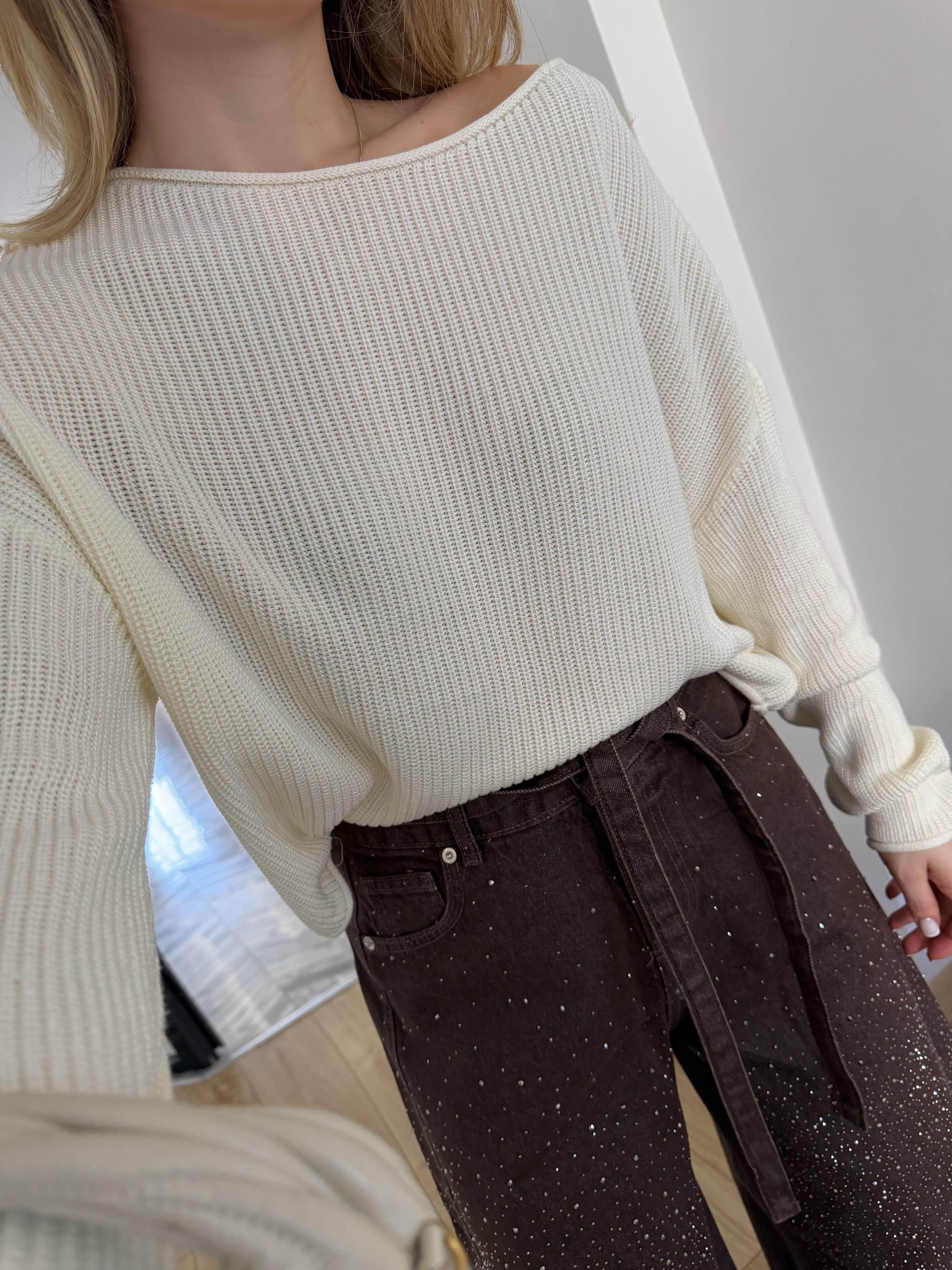 Ekru Kayık Yaka Basic Triko Kazak-10804