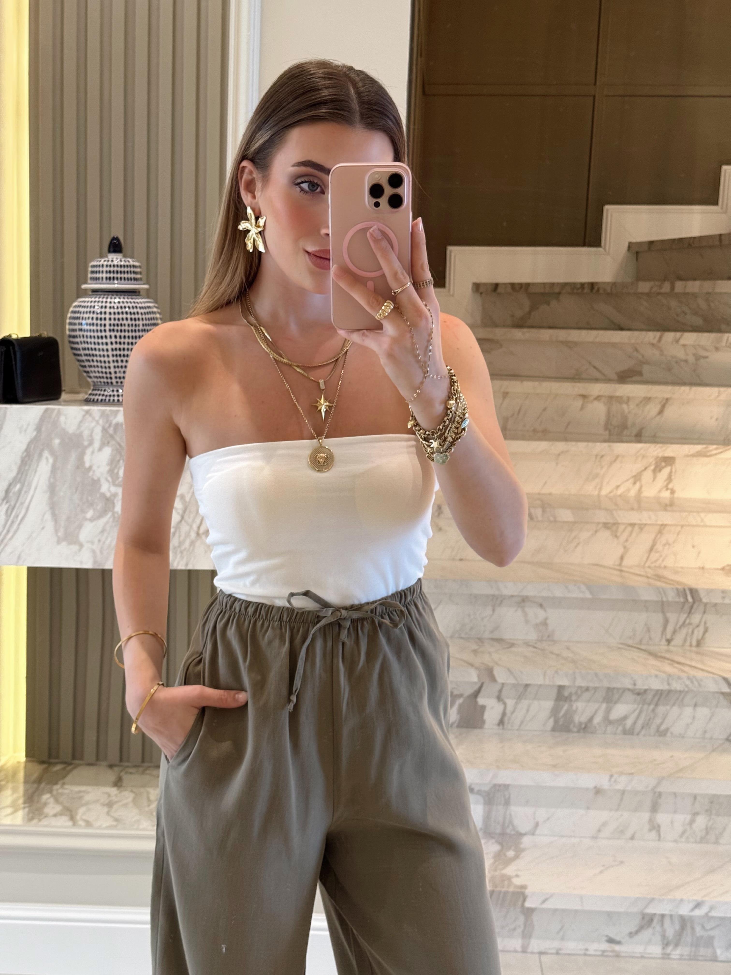 Ekru Kendinden Pedli Straplez Pamuk Crop-23369