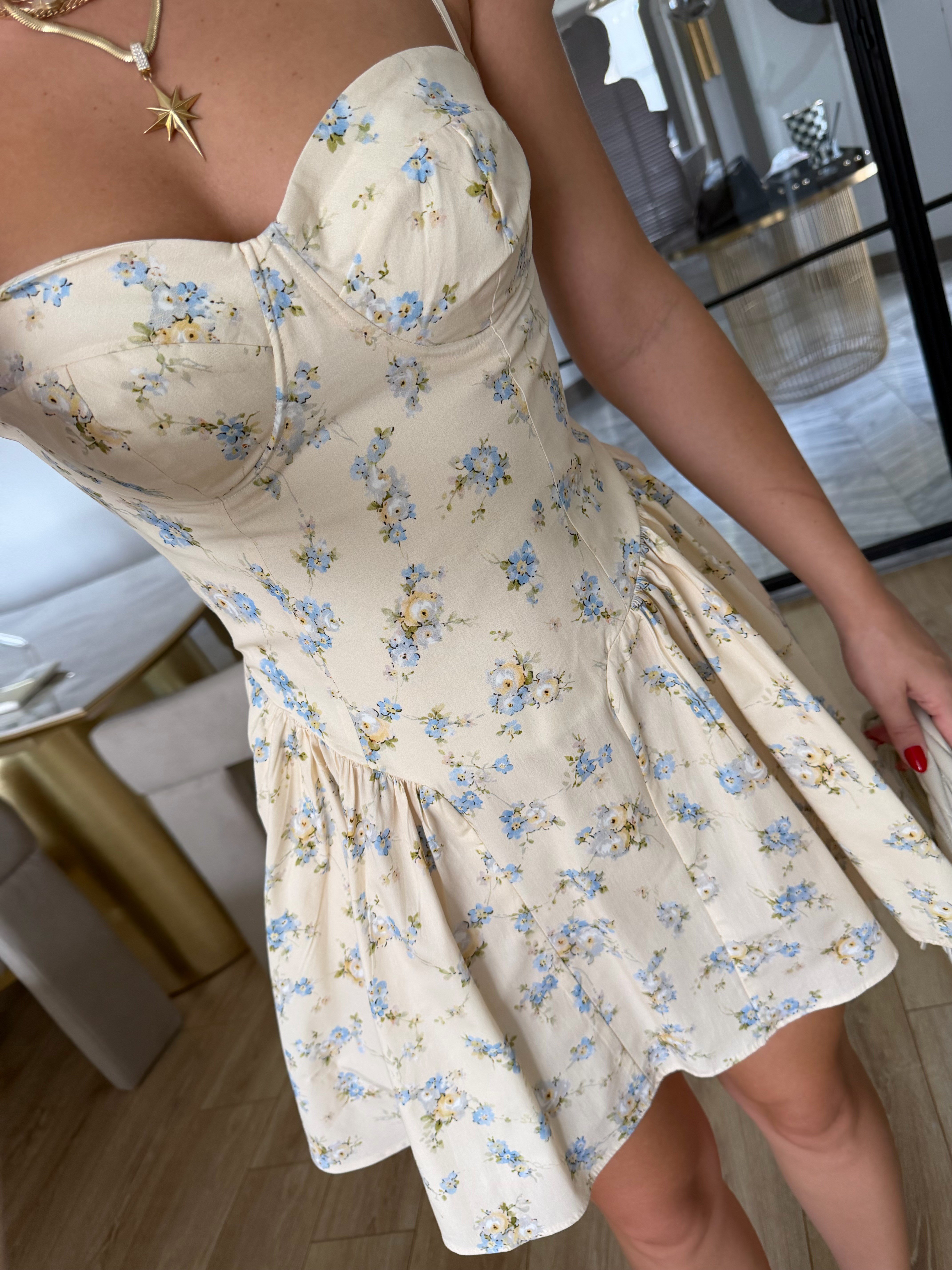 Ekru-Mavi Mini Kuplu Çiçekli Elbise- 12480