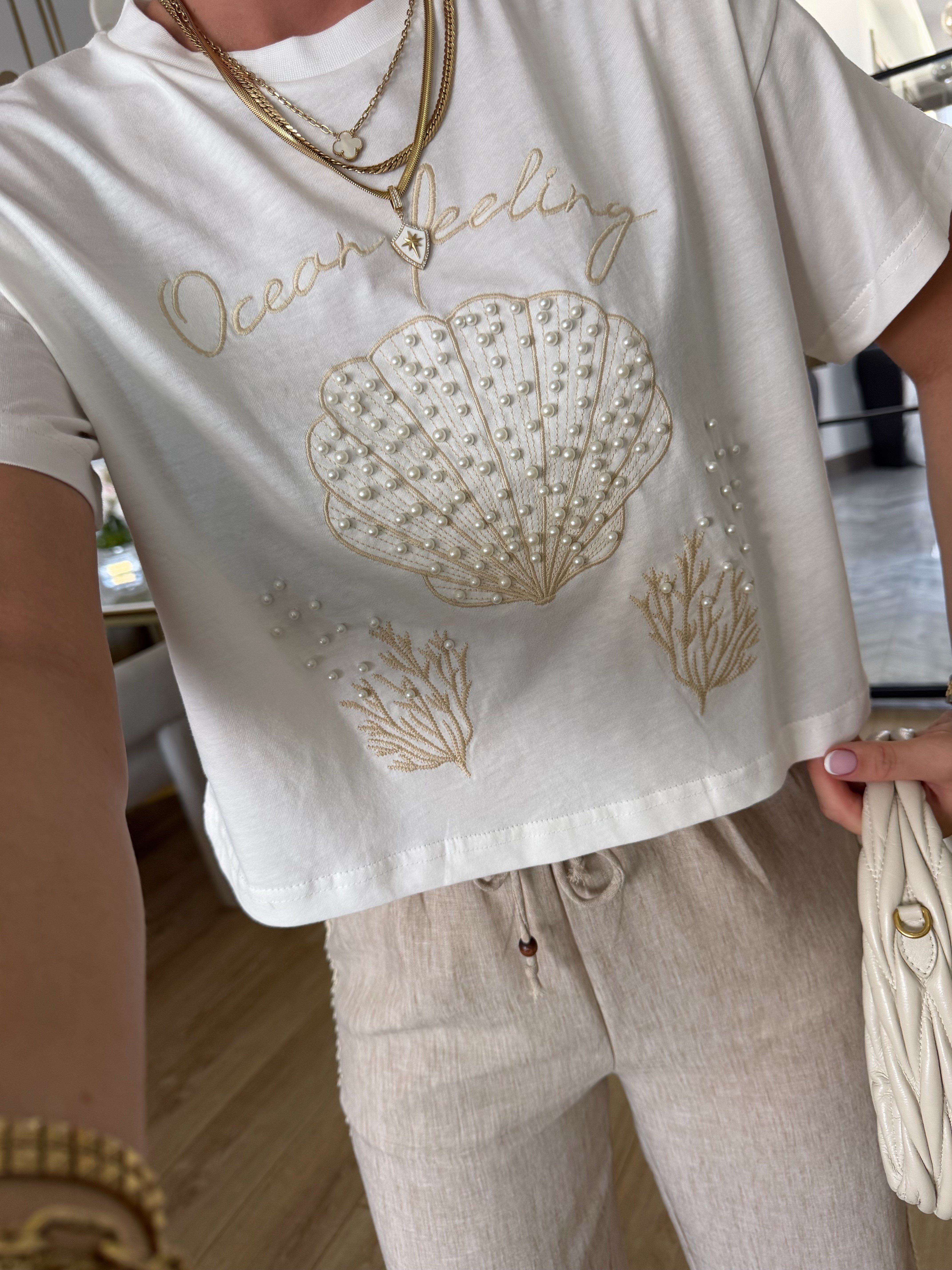 Ekru Midye Desenli İncili Tshirt-1944