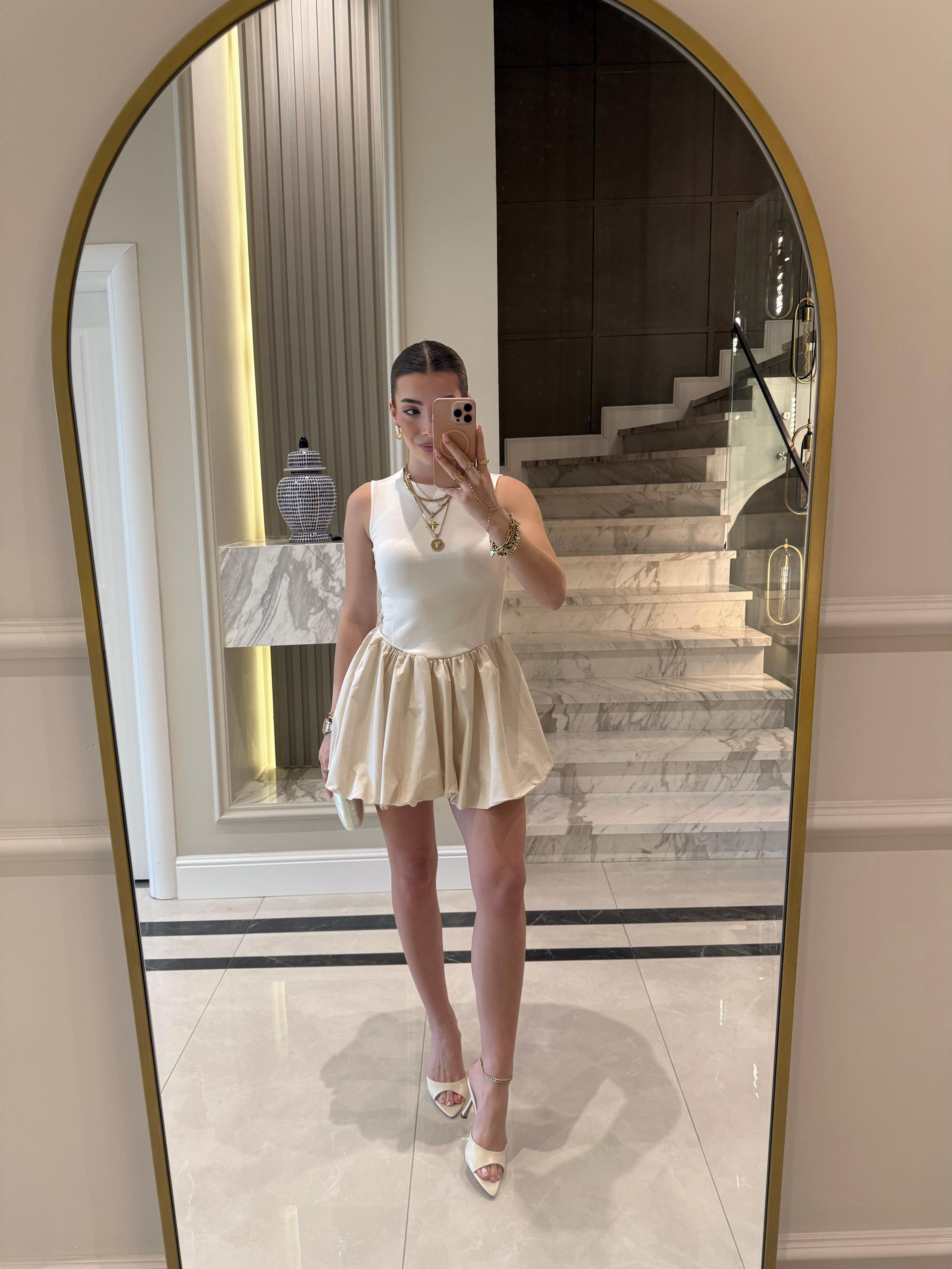 Ekru Mini Balloon Elbise 