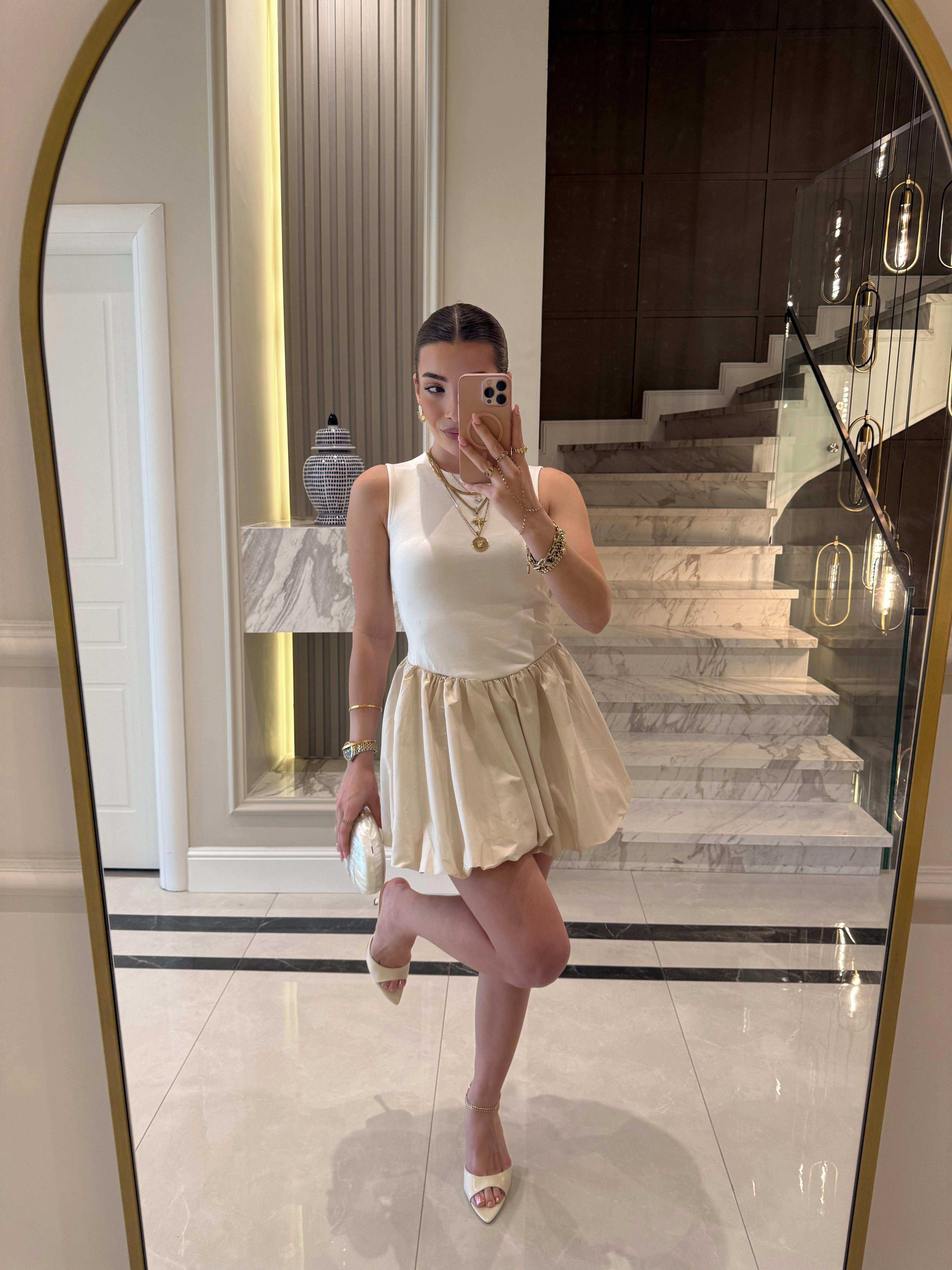 Ekru Mini Balloon Elbise 