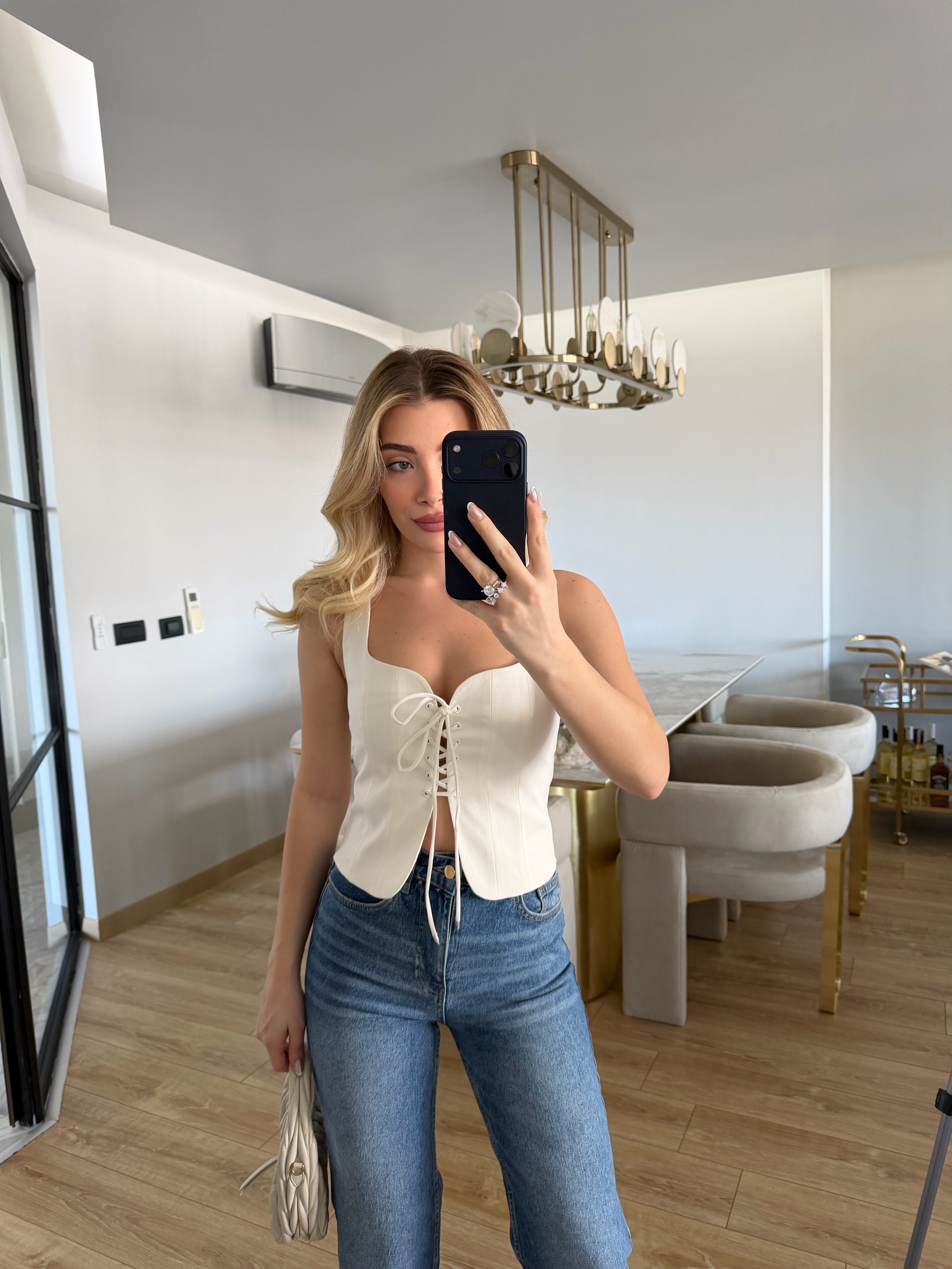 Ekru Önü İpli Korse Bluz-3220