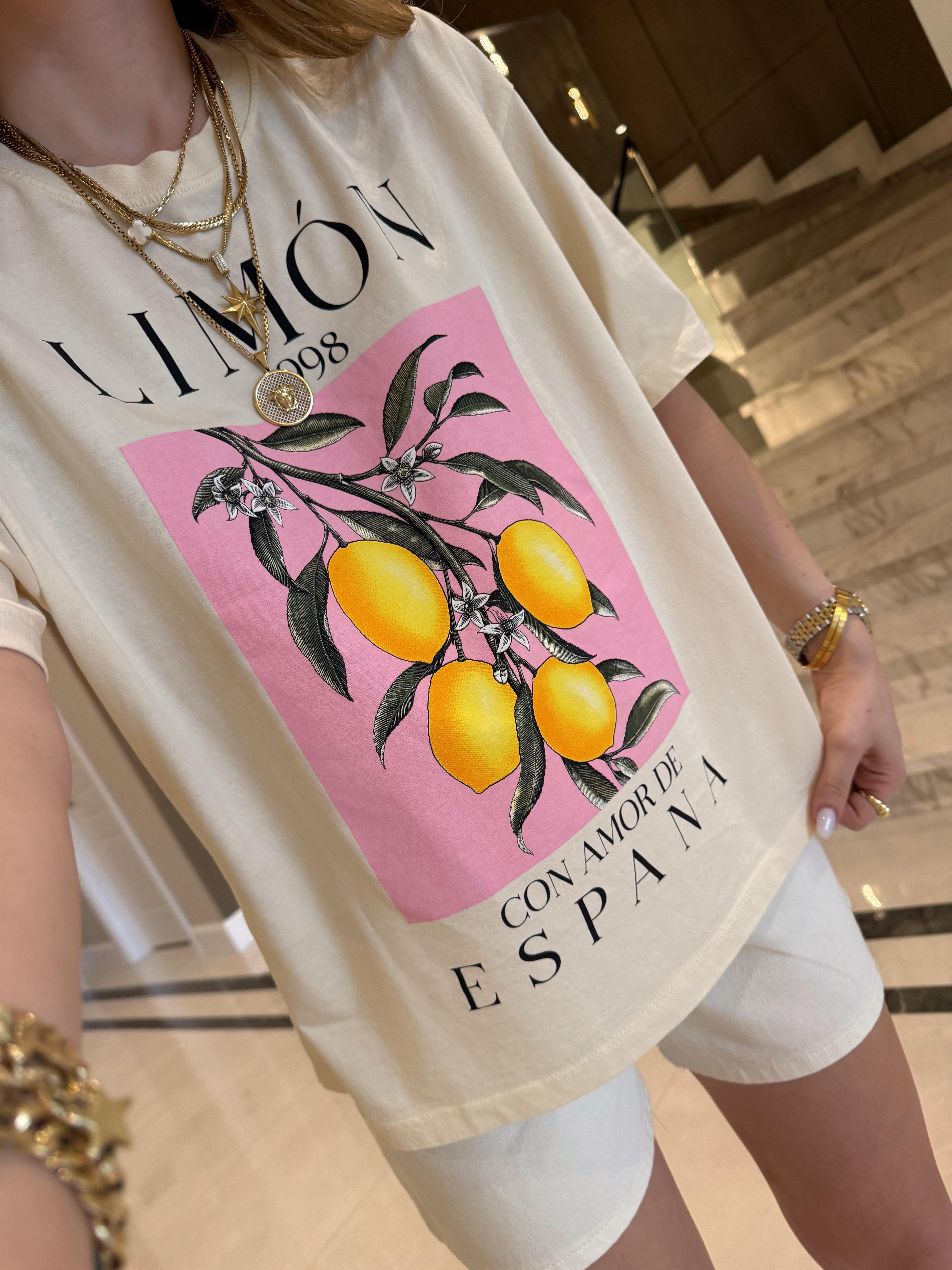 Ekru Pembe Limon Boskılı Basic Tişört