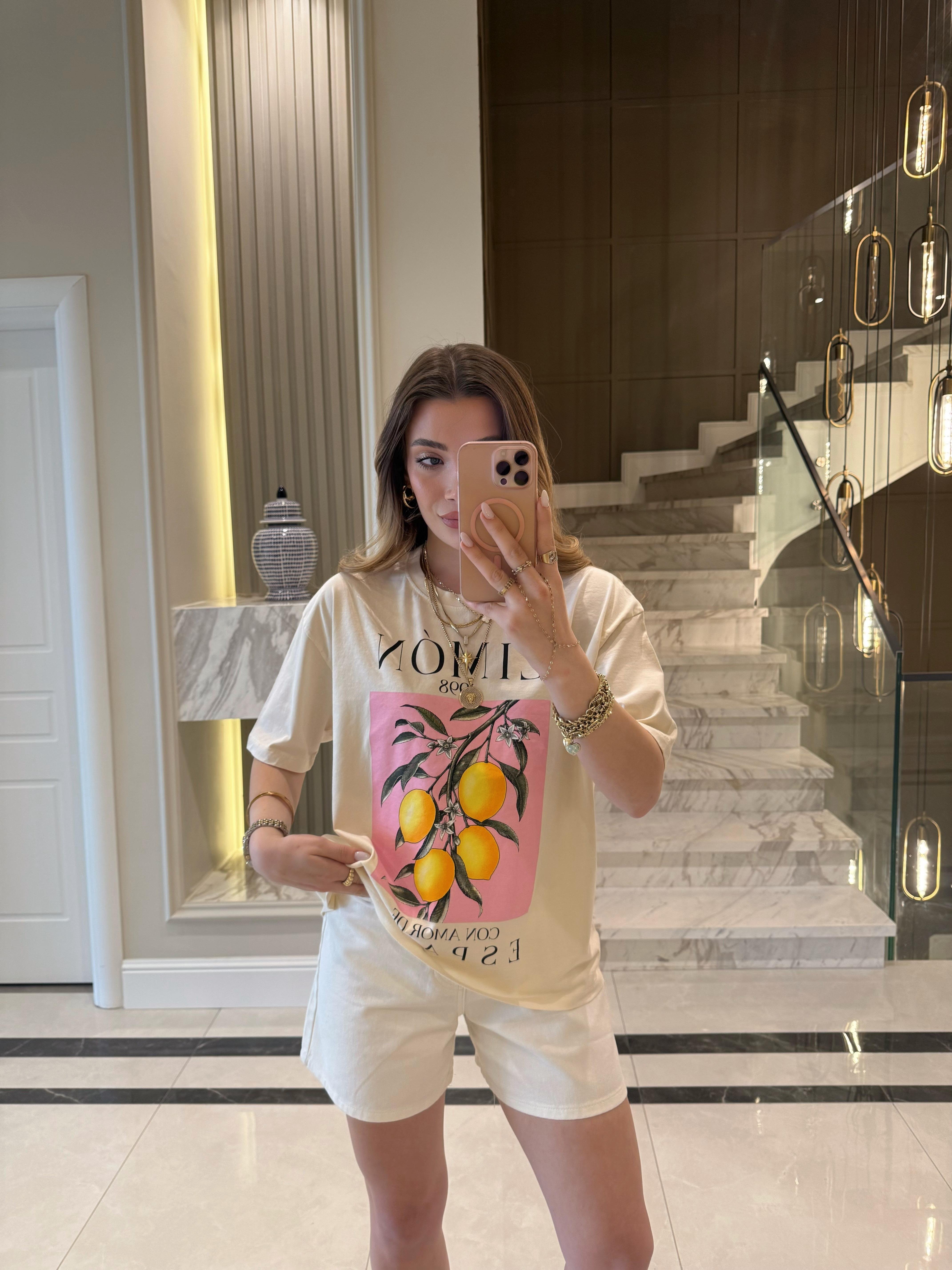 Ekru Pembe Limon Boskılı Basic Tişört