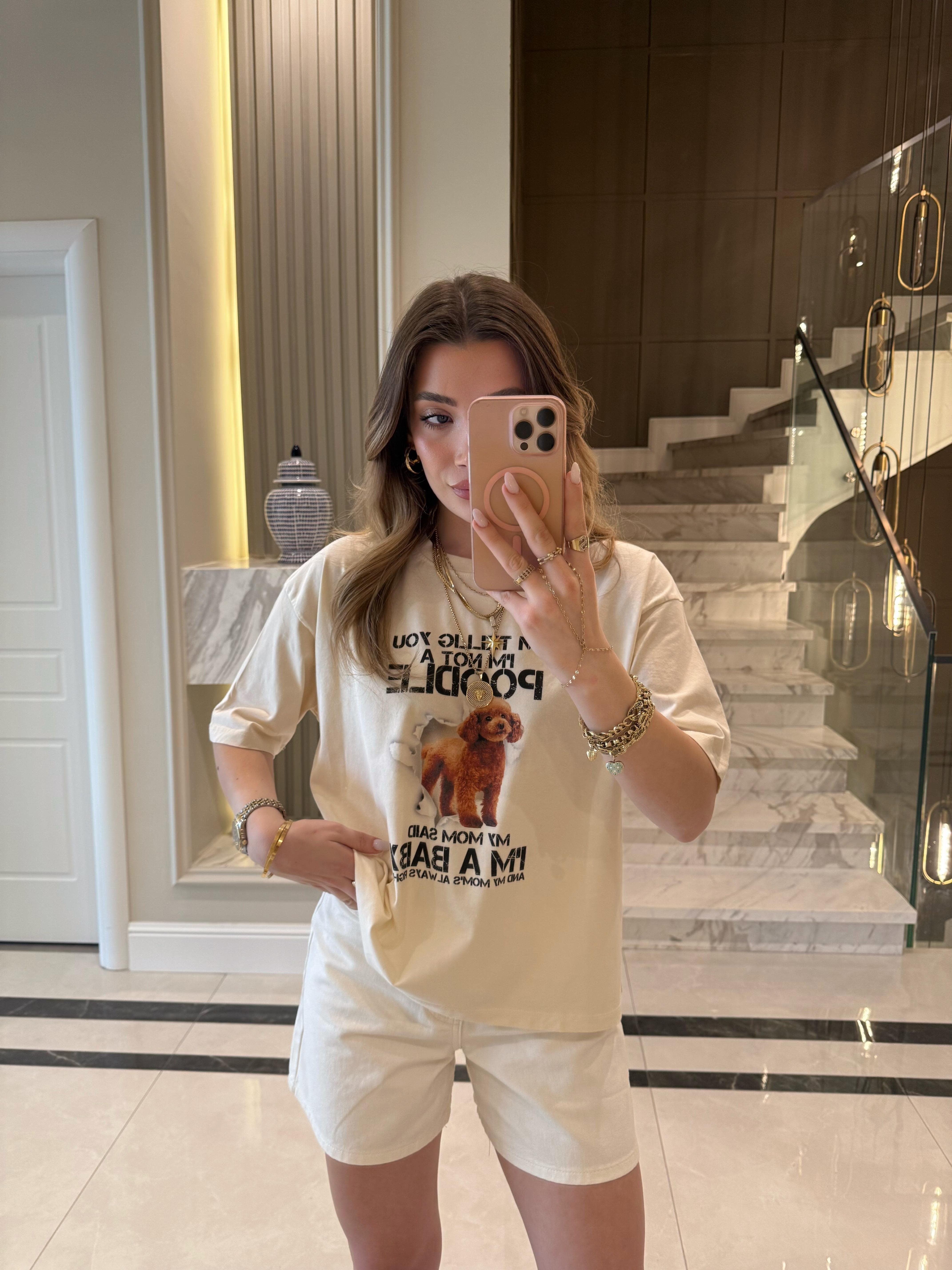 Ekru Poddle Baskılı Basic Tişört